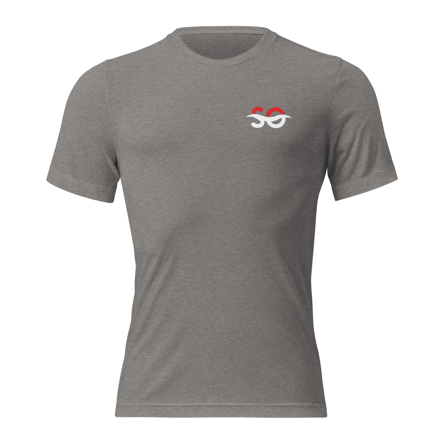 a grey t - shirt with a red bow on the chest