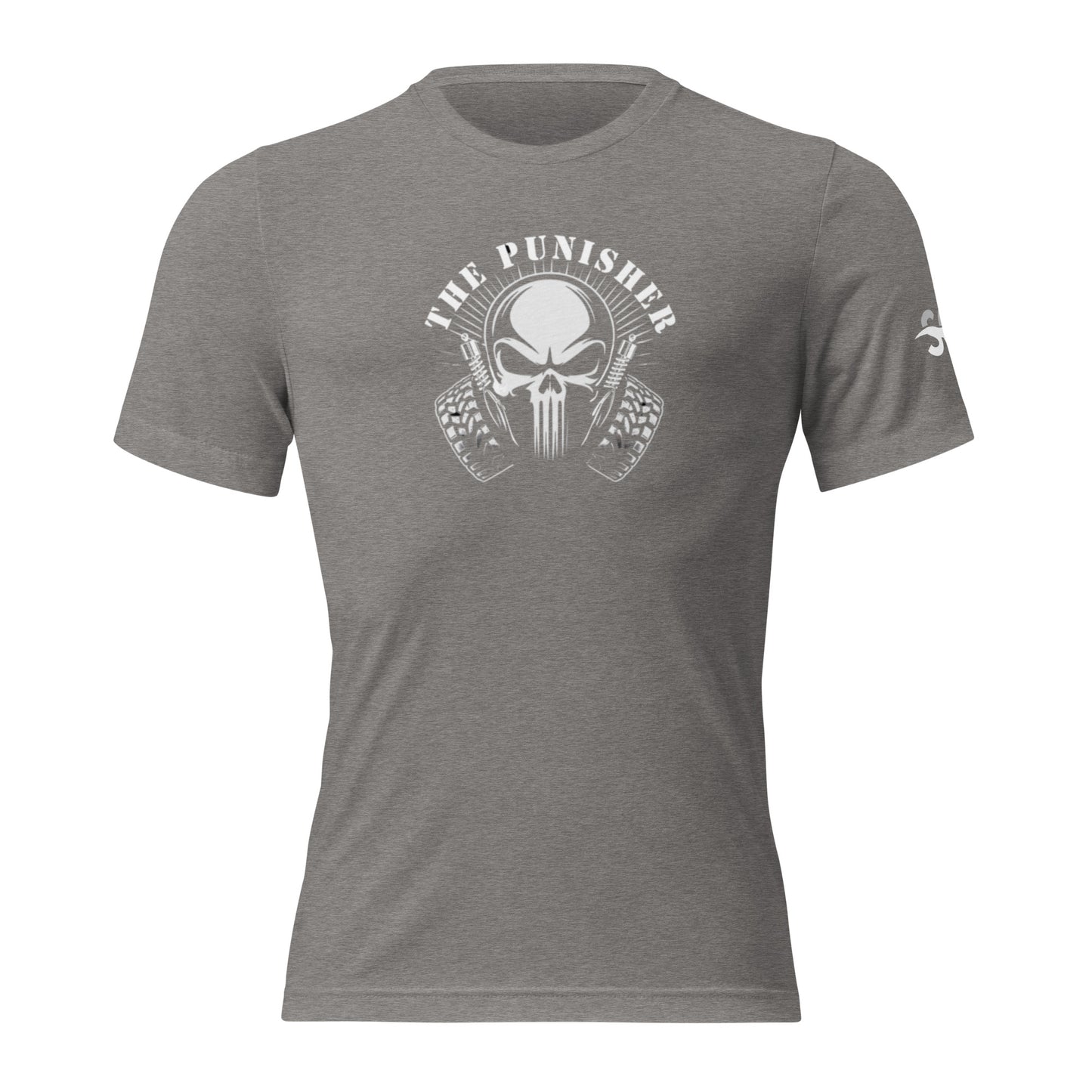 a gray shirt with a skull on the front