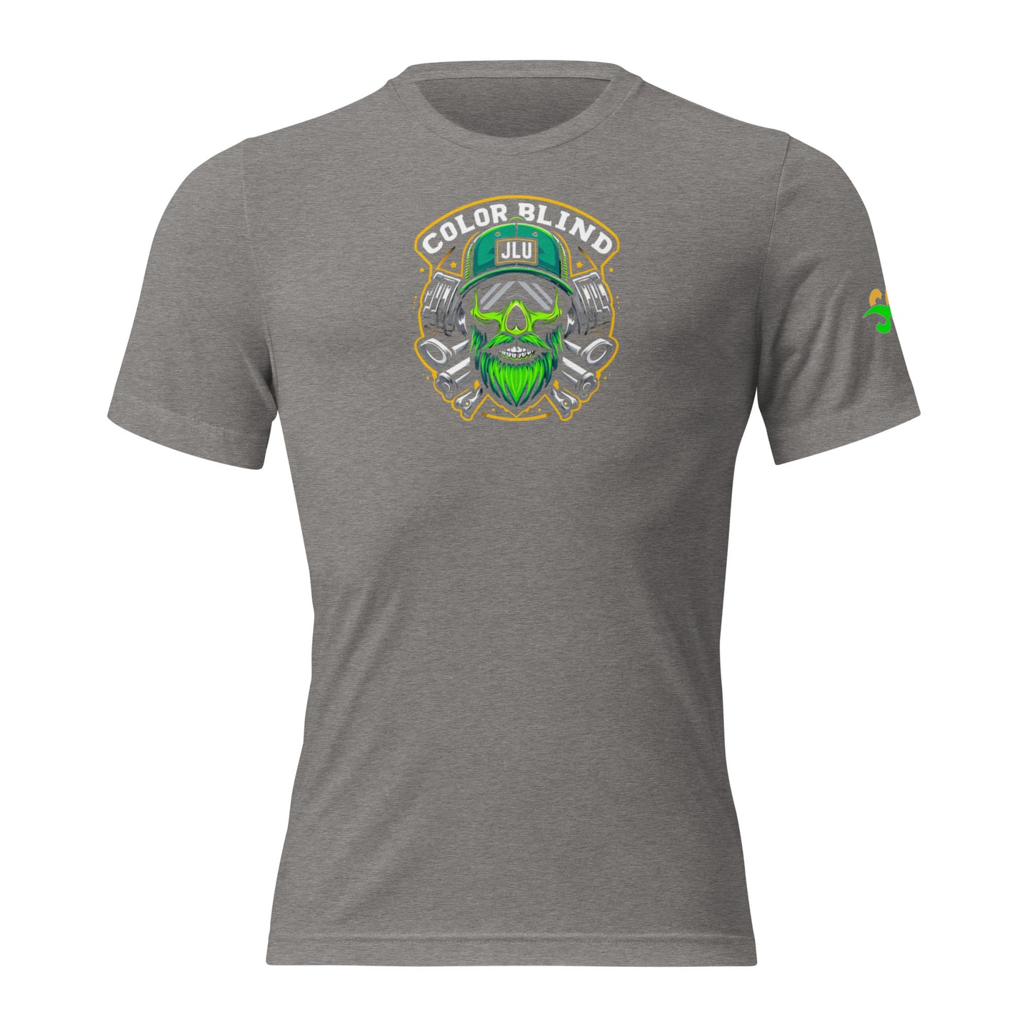 a grey shirt with a green skull on the front