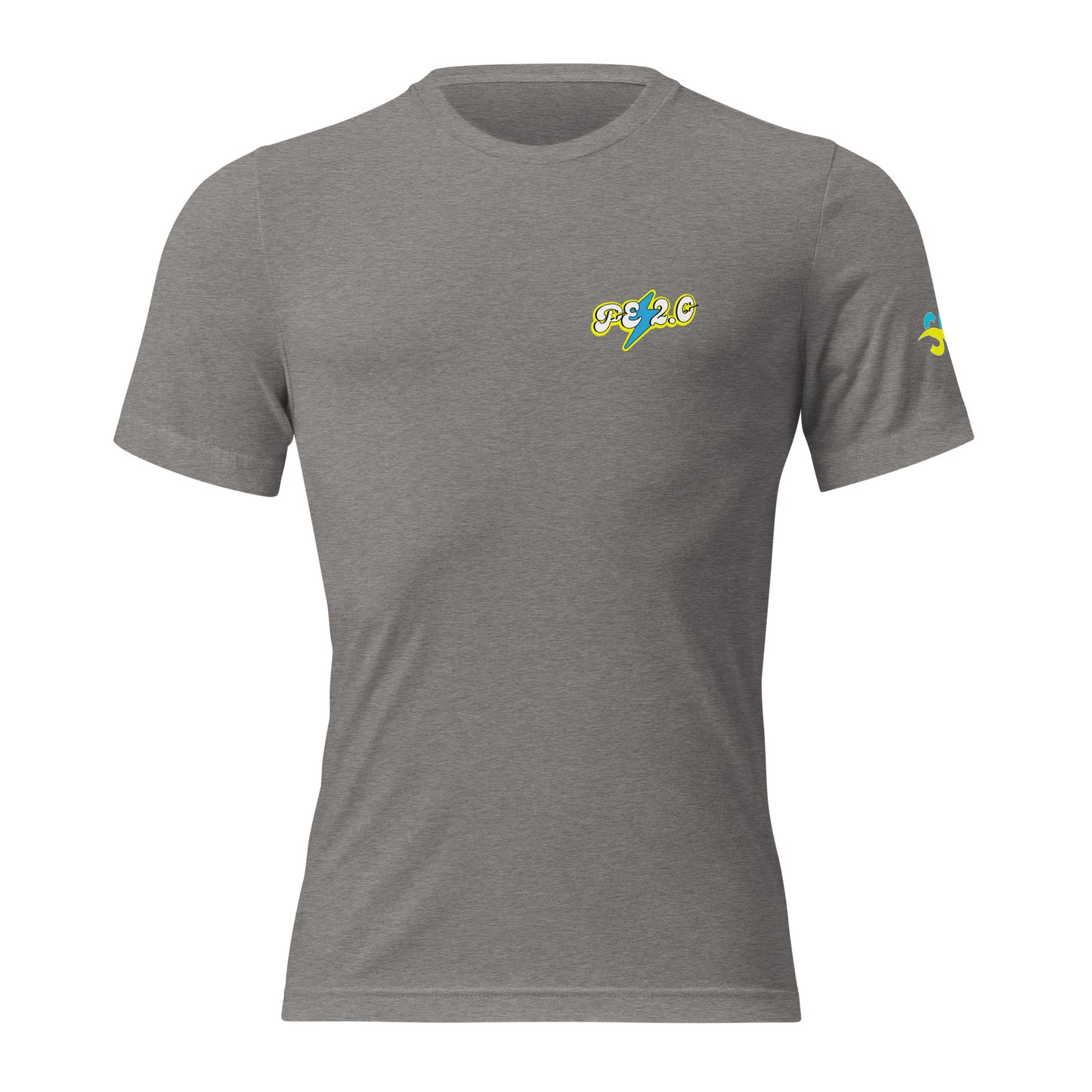 a grey t - shirt with a yellow and blue logo