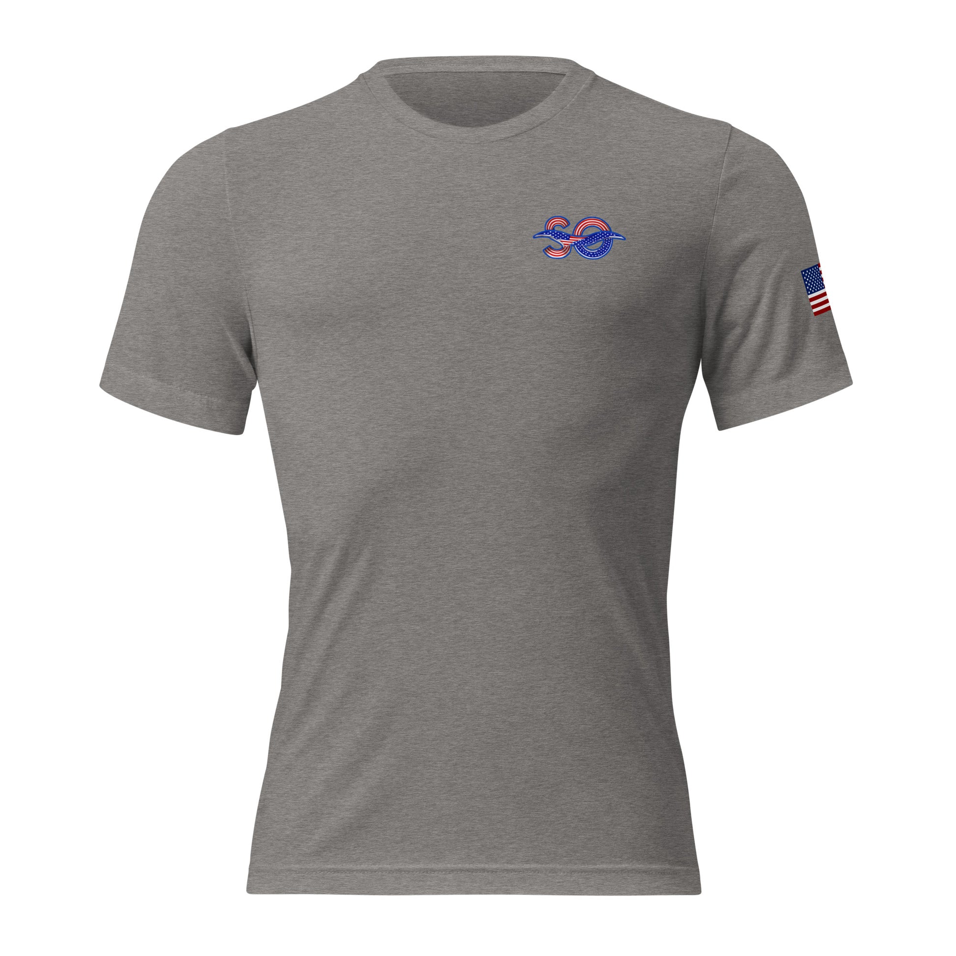 a grey t - shirt with an american flag on the chest