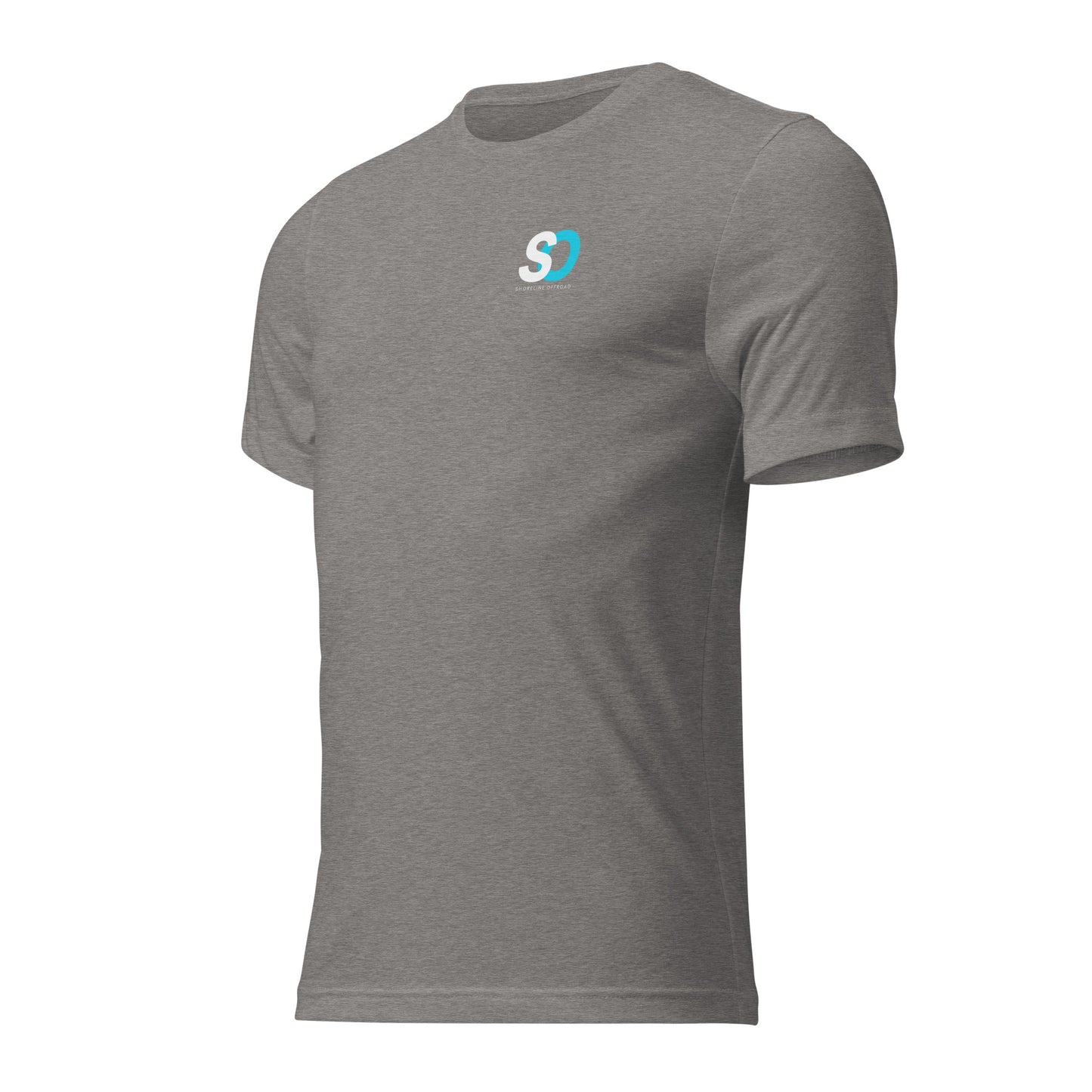 a grey t - shirt with a blue and white logo