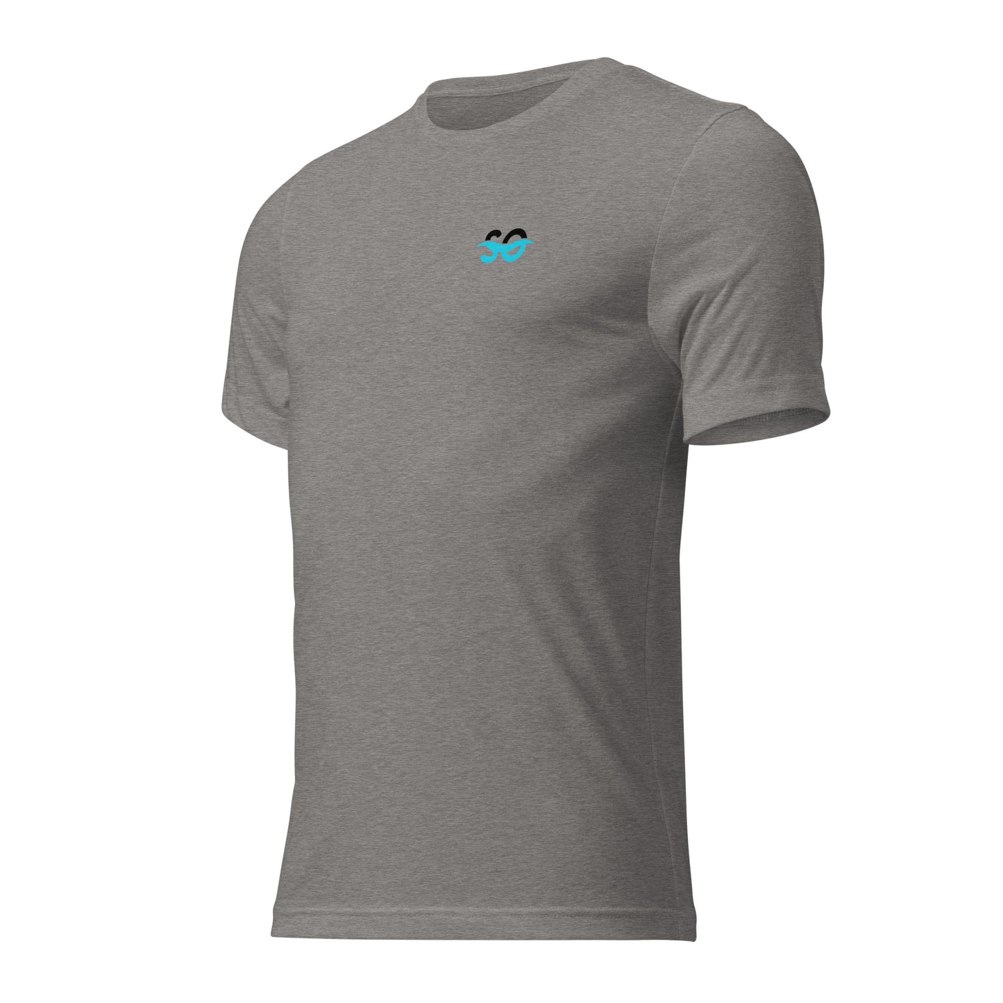 a grey t - shirt with a blue smiley face on it