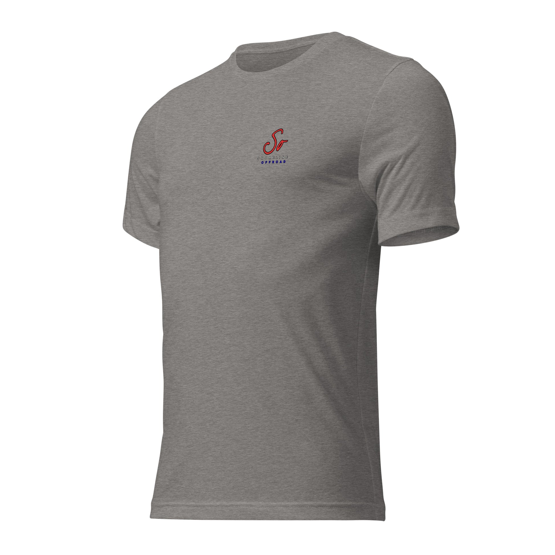 a grey t - shirt with a red logo on the chest