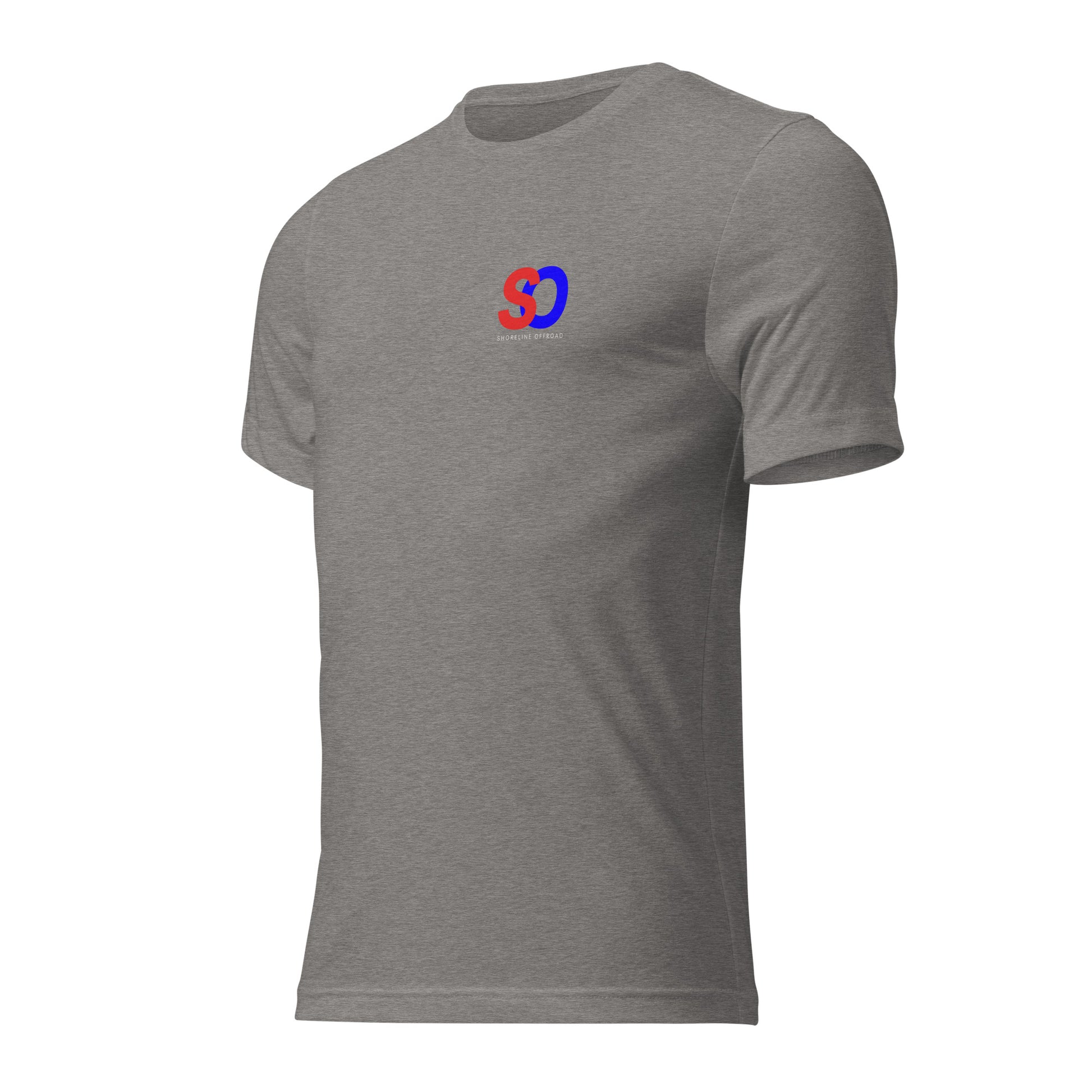 a grey t - shirt with a red and blue logo