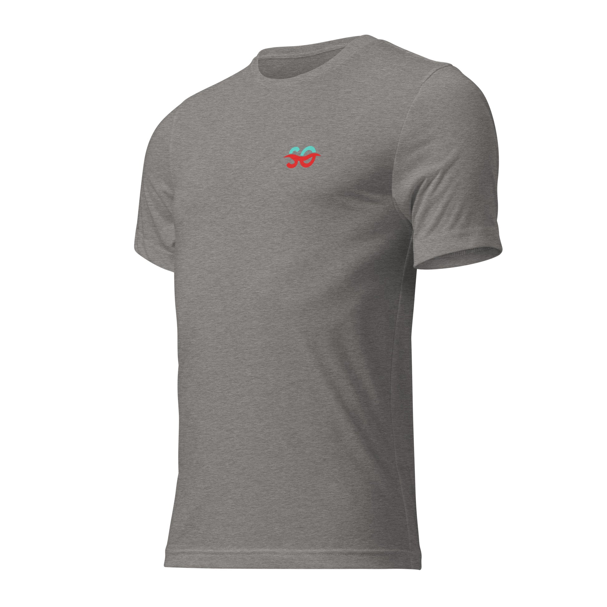 a grey t - shirt with a red smiley face on it