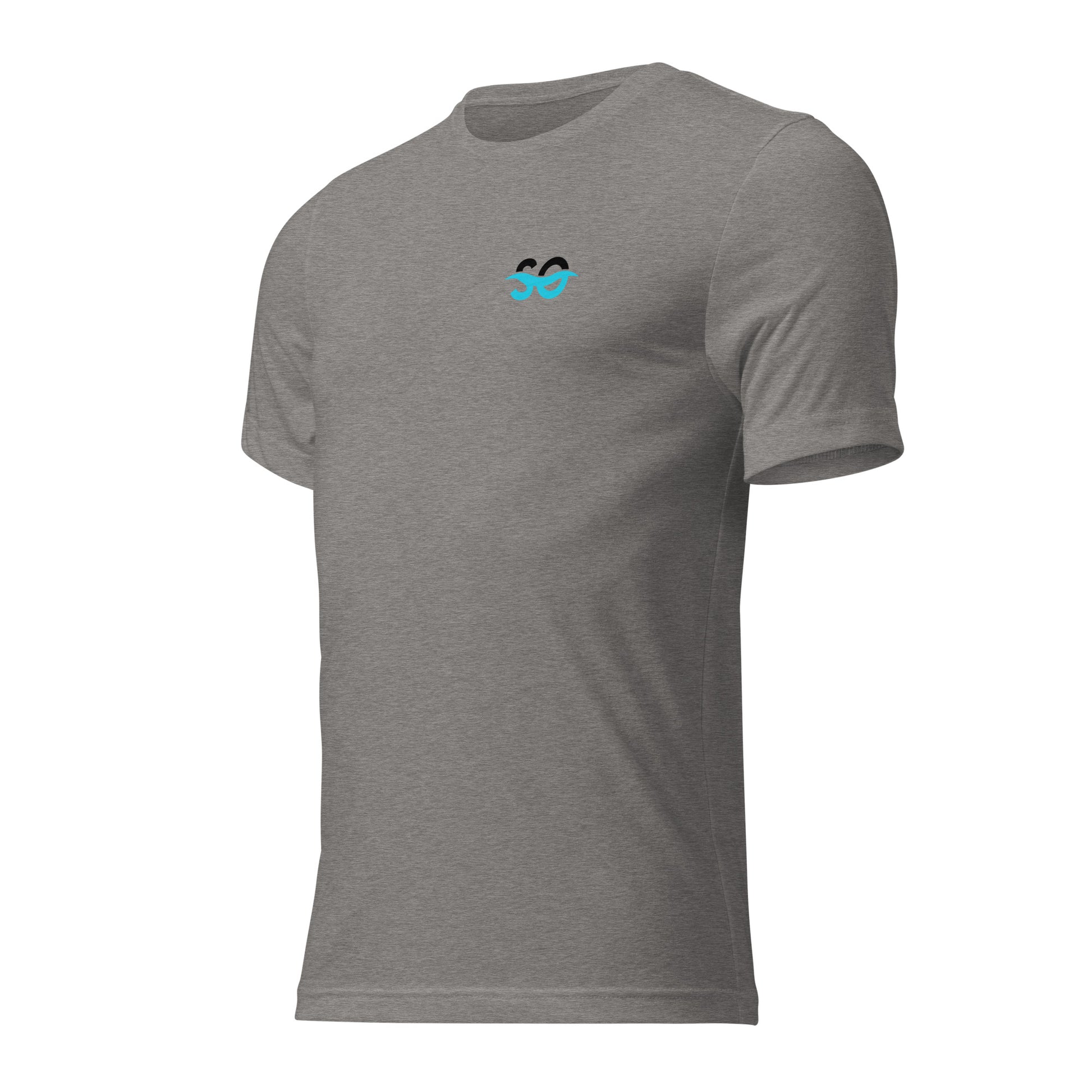 a grey t - shirt with a blue heart on the chest