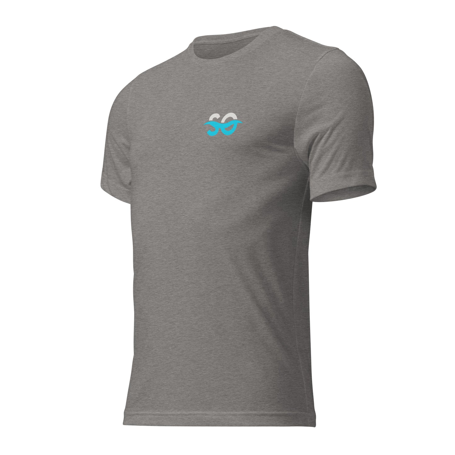 a grey t - shirt with a blue smiley face on it