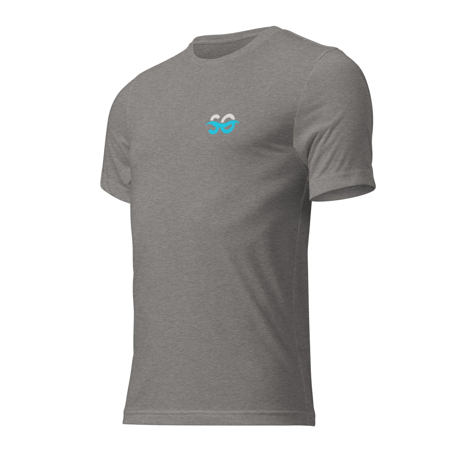 a grey t - shirt with a blue logo on the chest