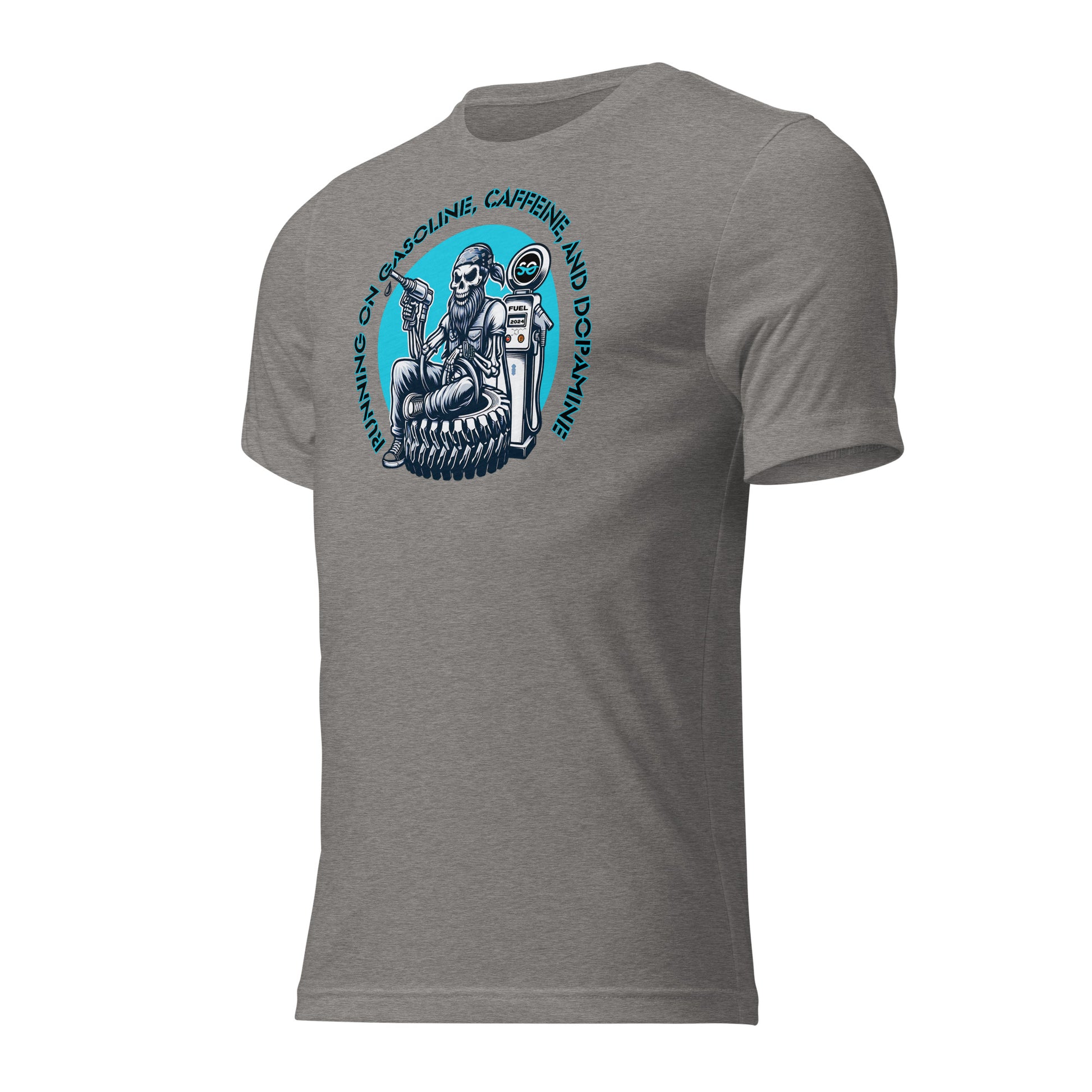 a grey t - shirt with a skeleton on it