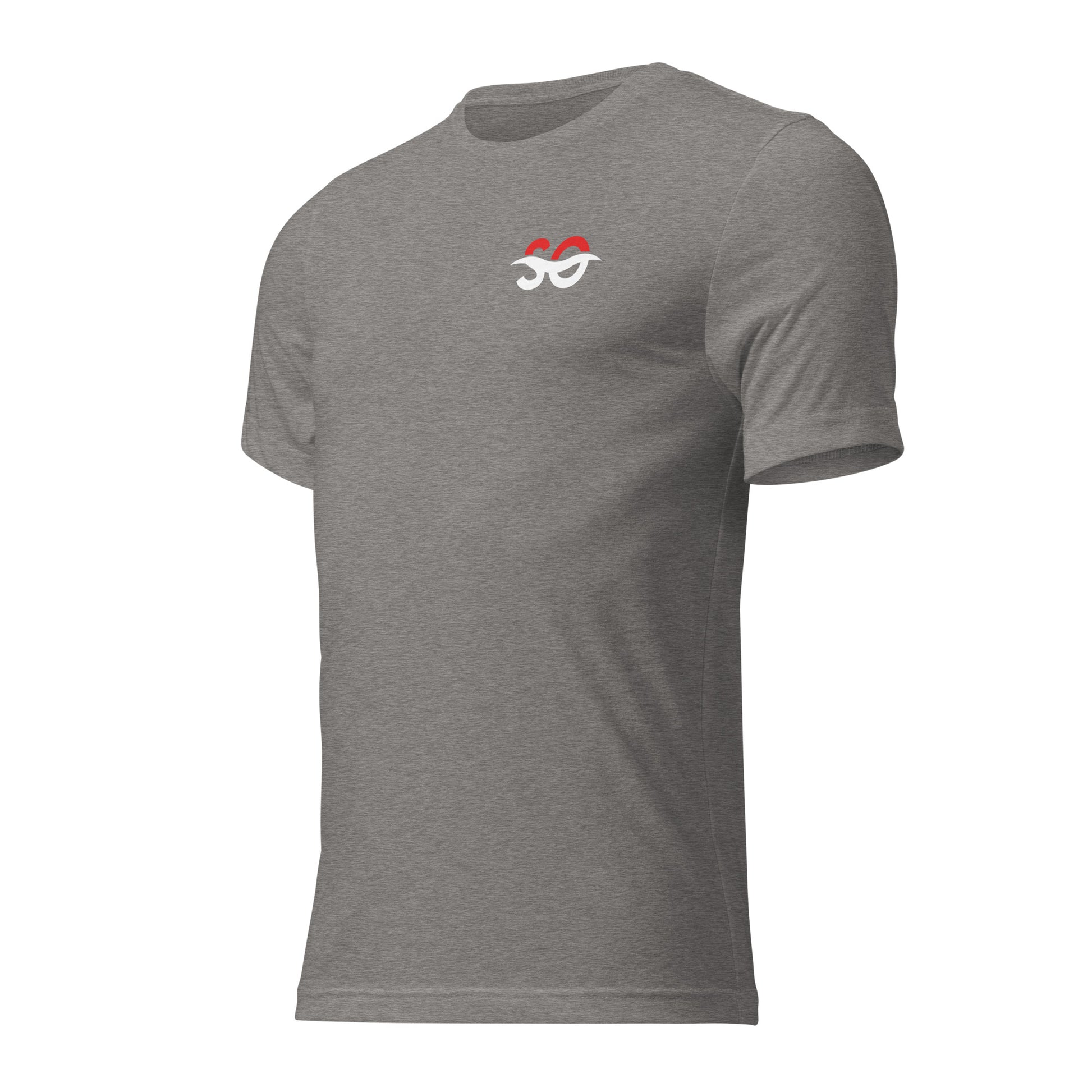 a grey t - shirt with a red and white logo