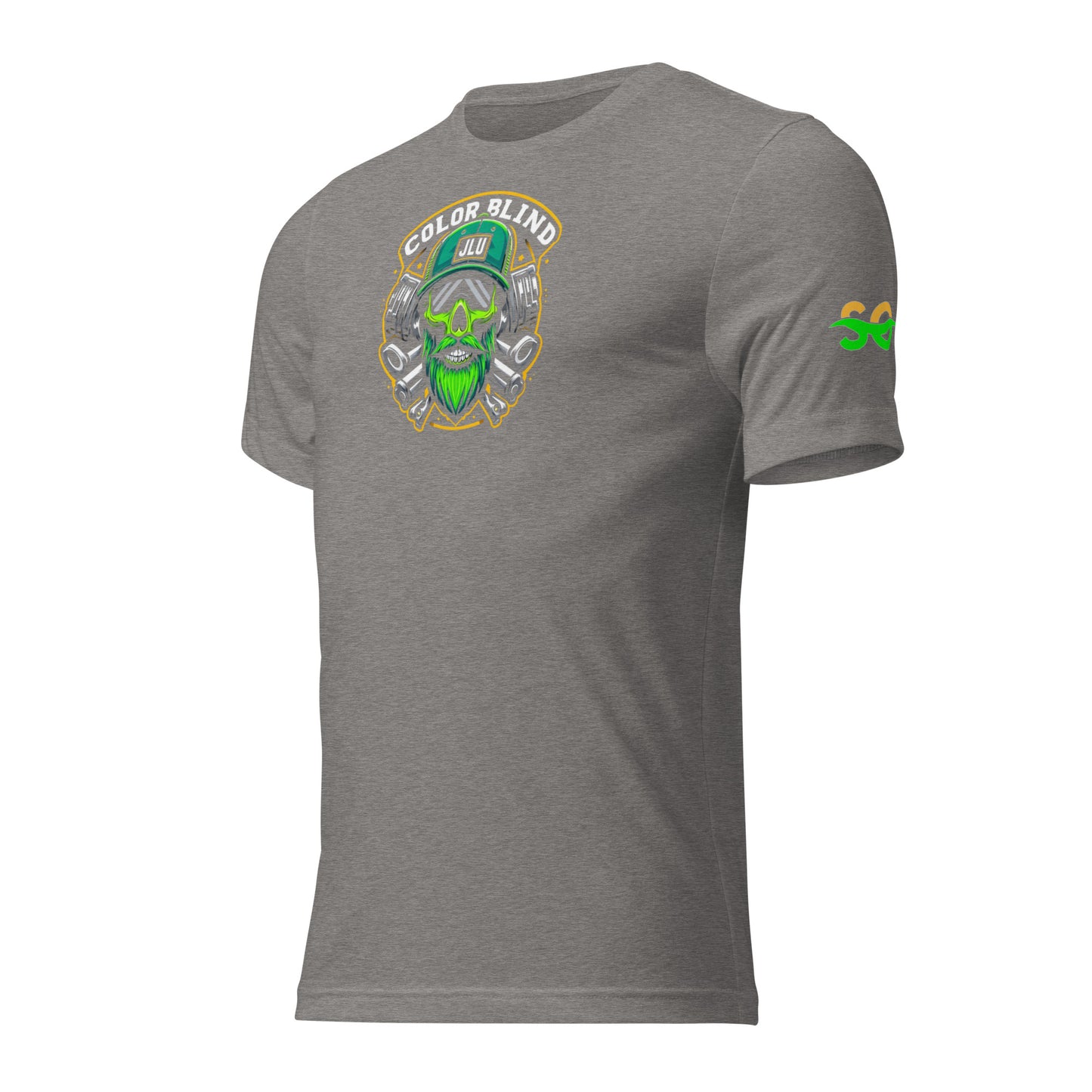 a grey t - shirt with an image of a green man on it