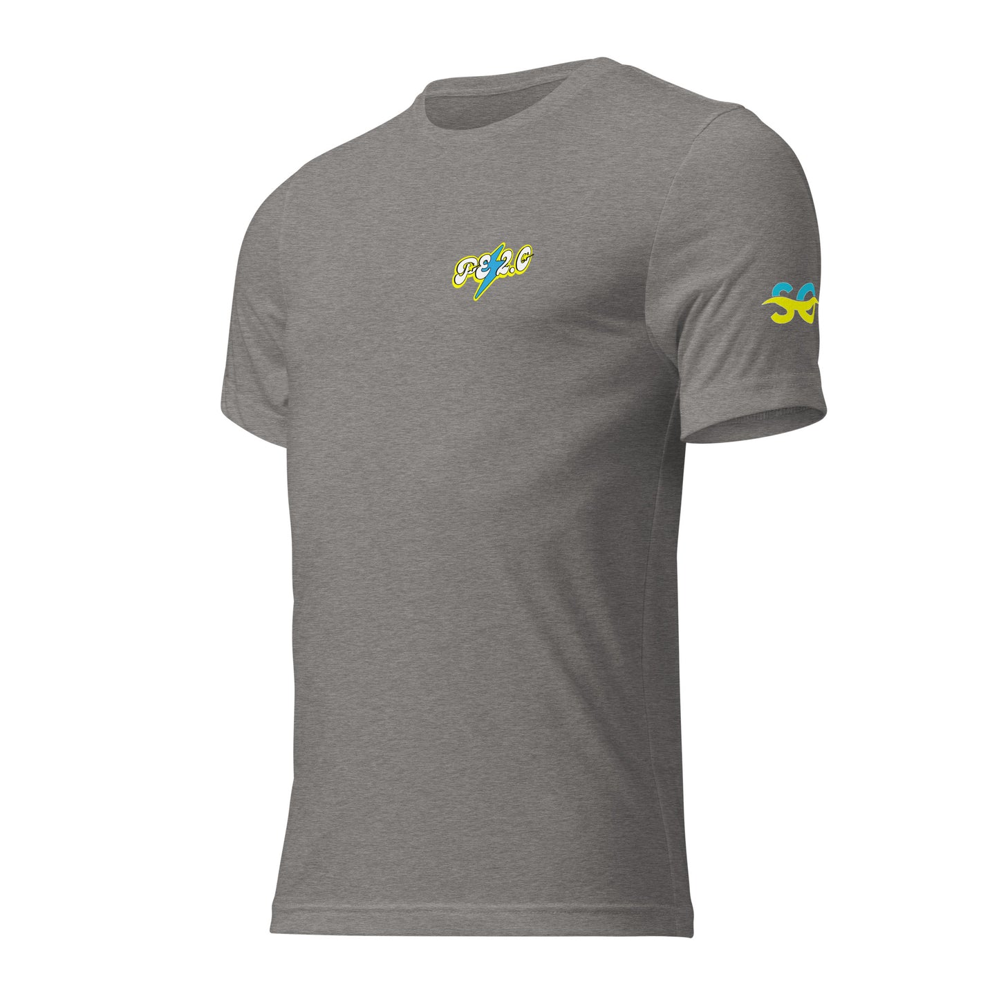 a grey t - shirt with a colorful logo on the chest