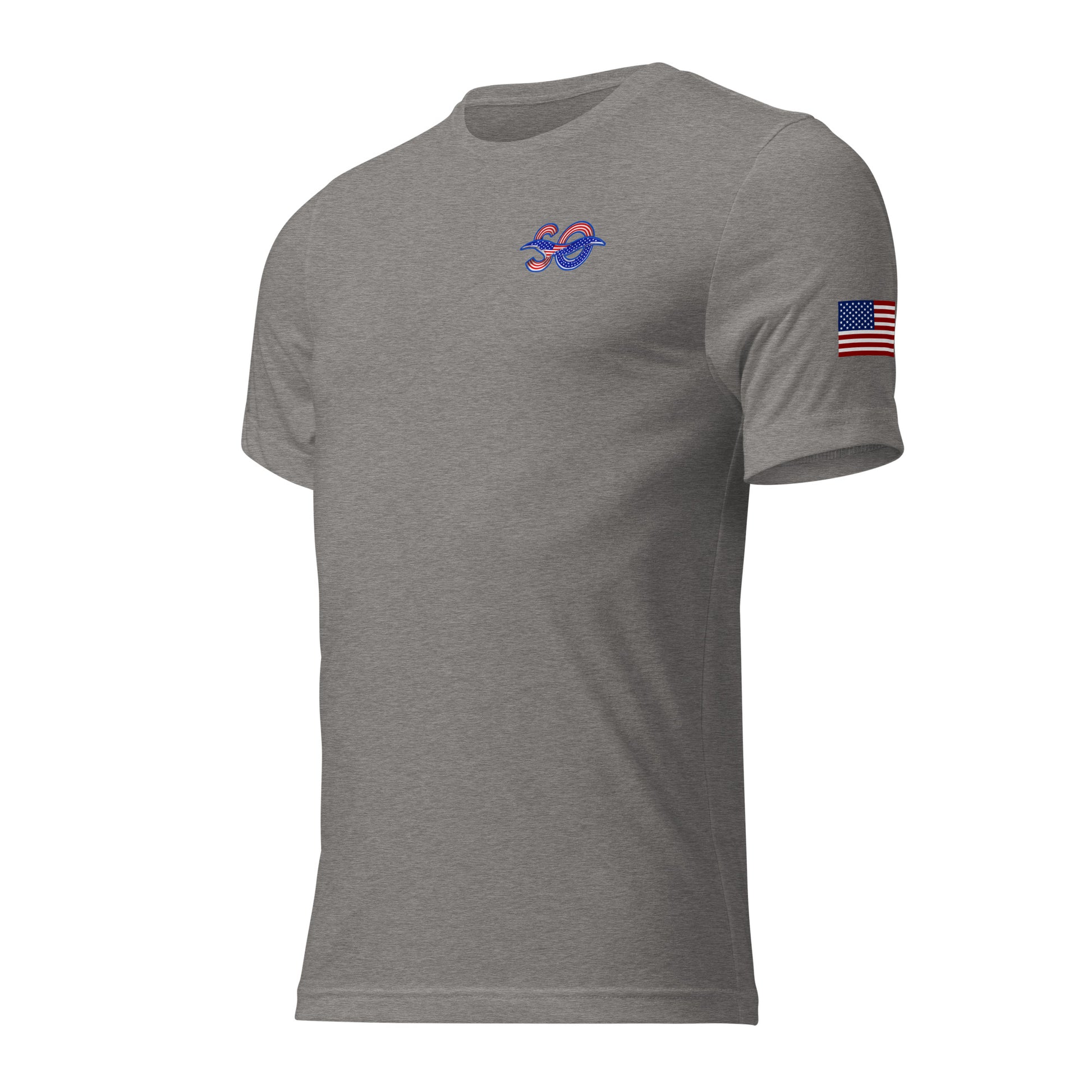 a grey t - shirt with an american flag on the chest