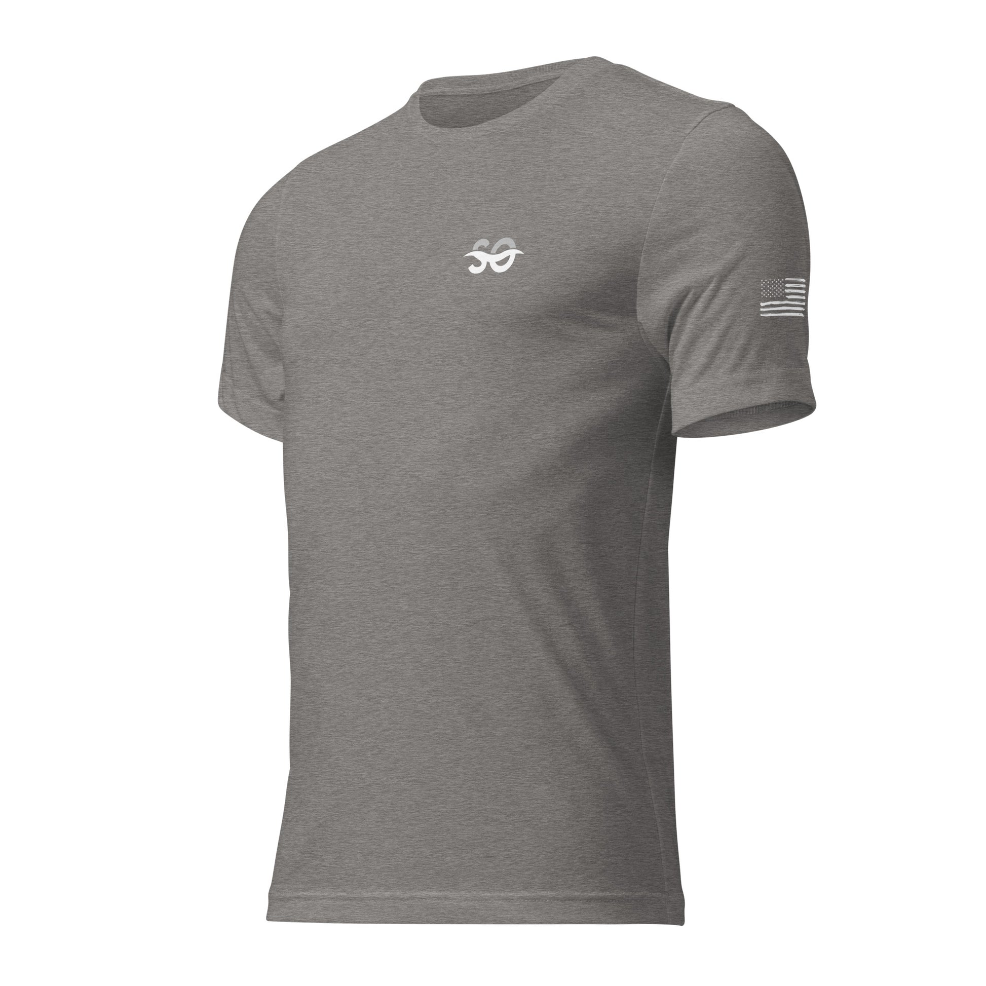 a grey t - shirt with an om symbol on the chest