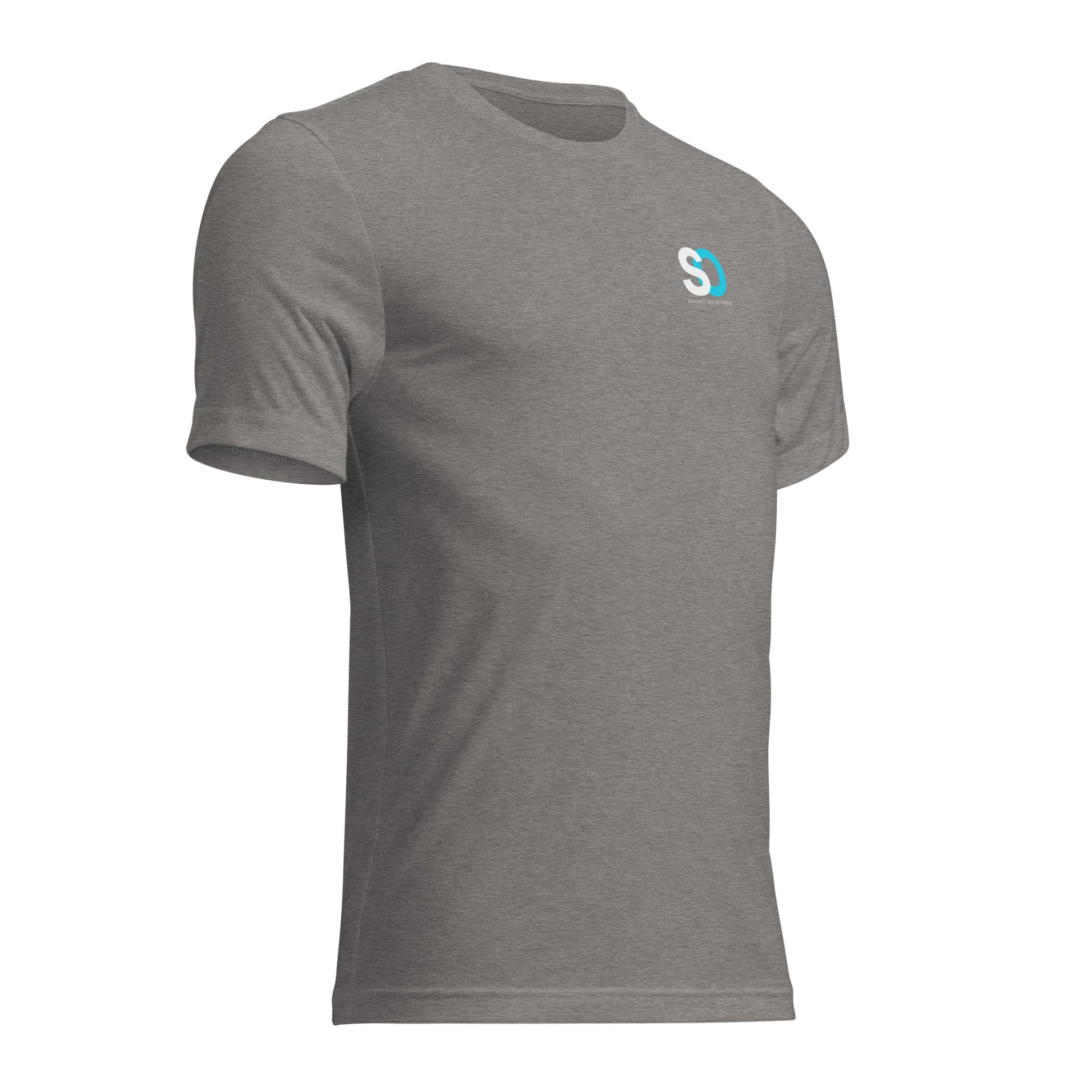 a grey t - shirt with a white s on the chest