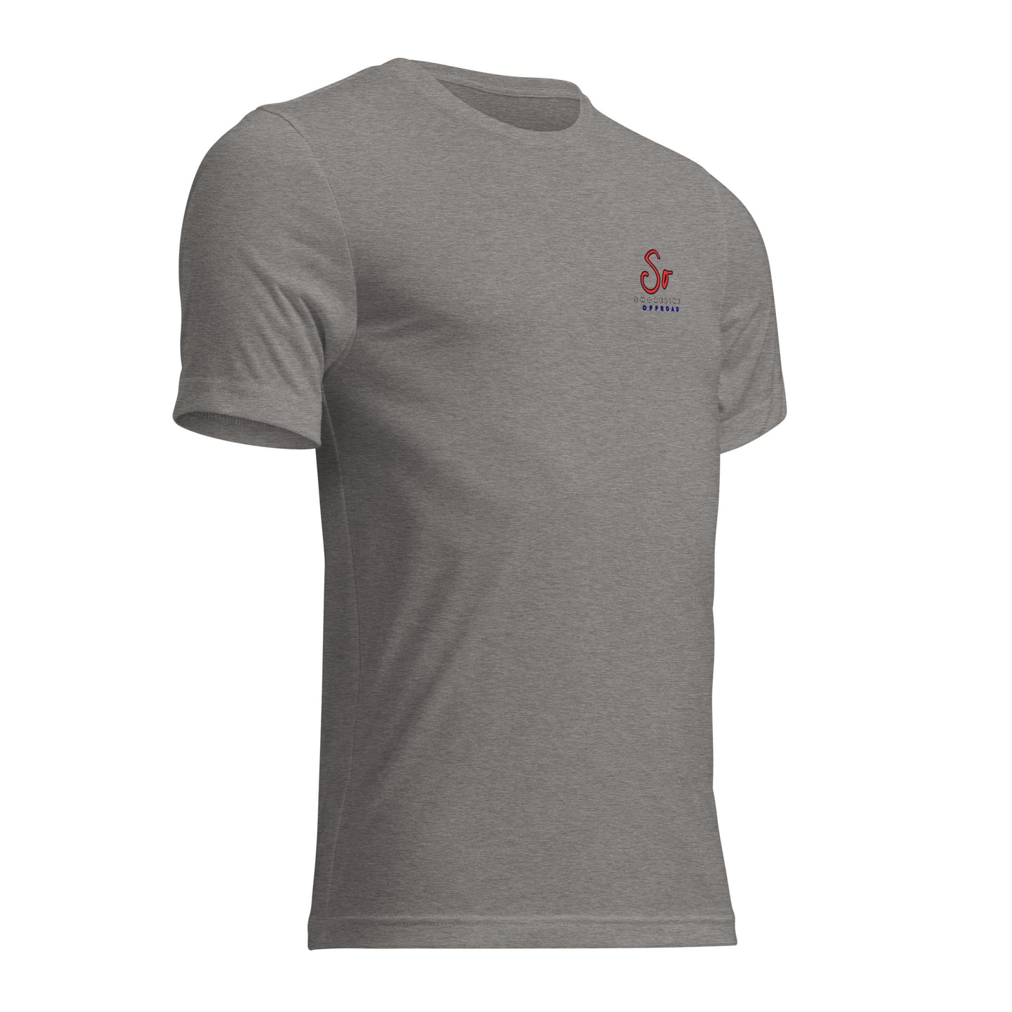 a grey t - shirt with a red logo on the chest