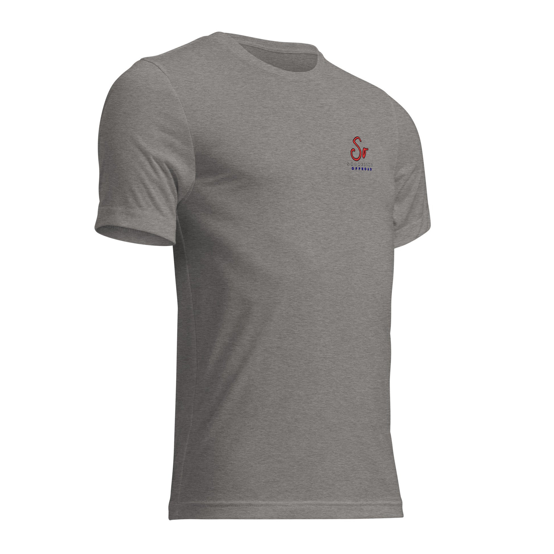 a grey t - shirt with a red logo on the chest