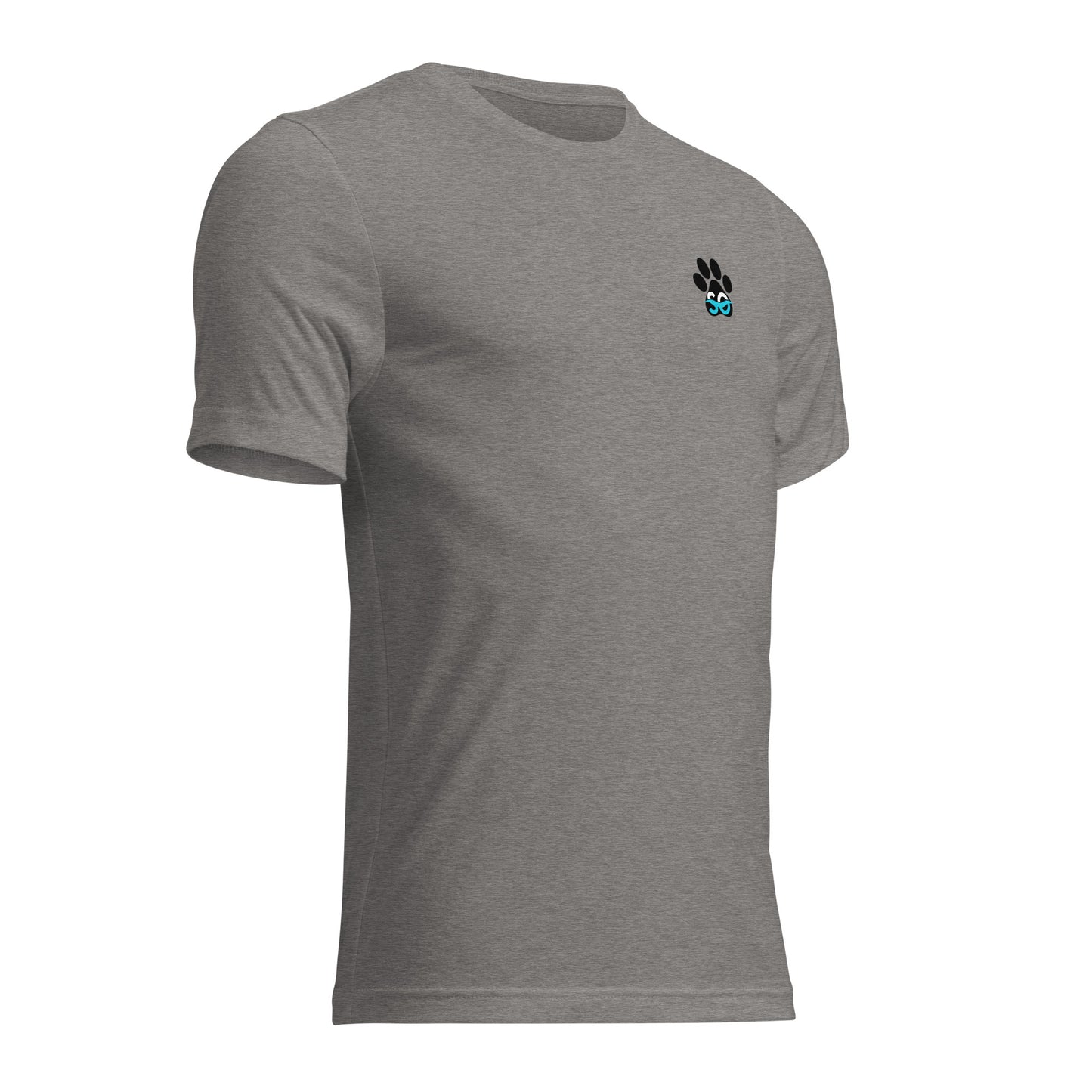 a grey t - shirt with a blue logo on the chest