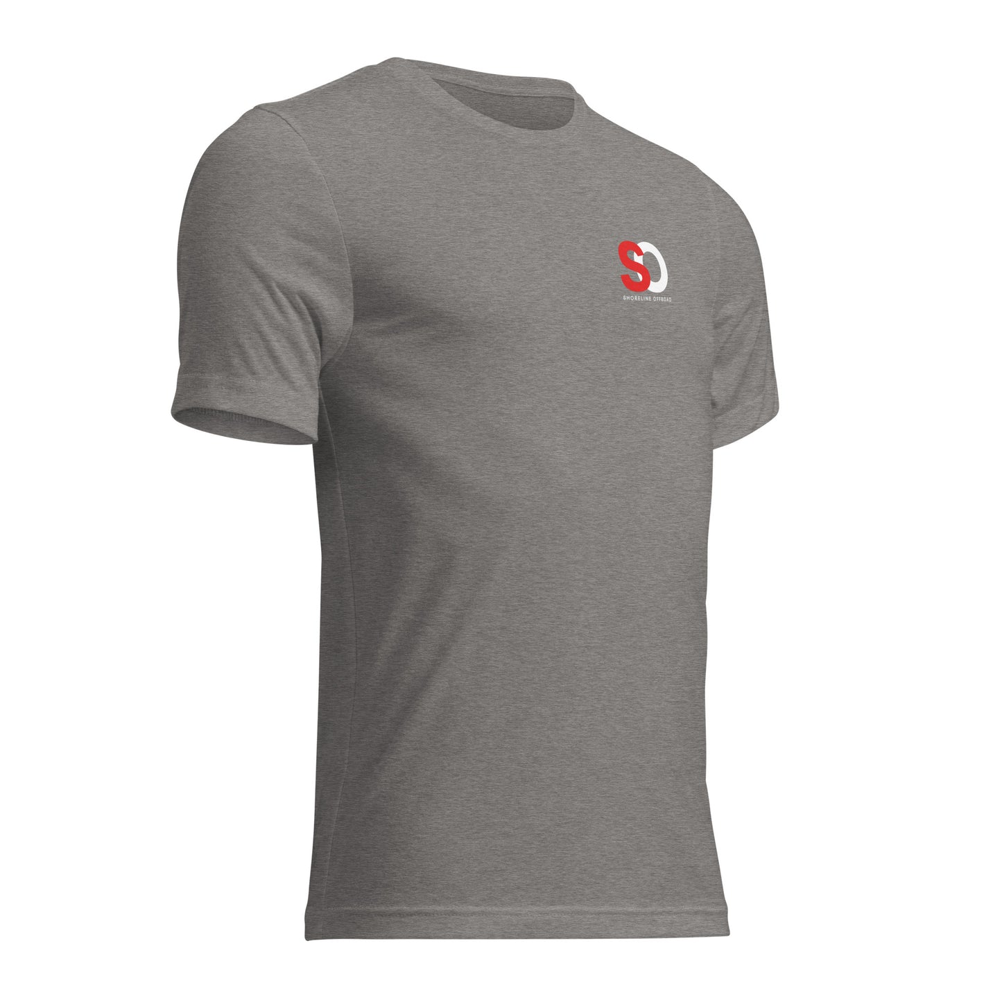 a grey t - shirt with a red and white logo