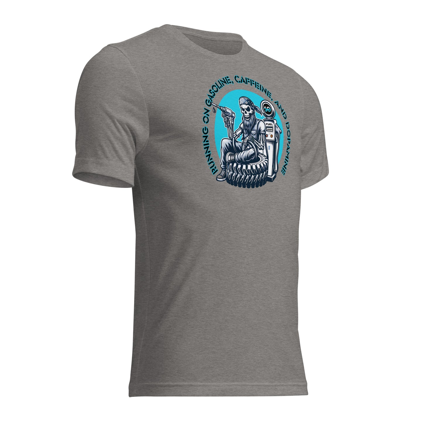 a grey t - shirt with a skeleton on it