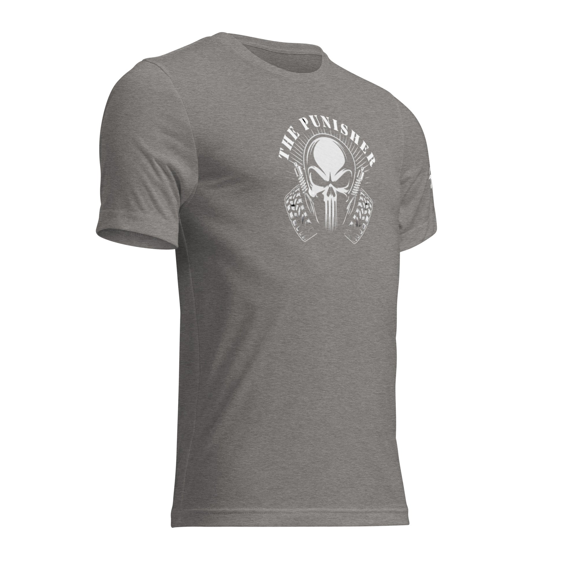 a gray t - shirt with an image of a skull on it