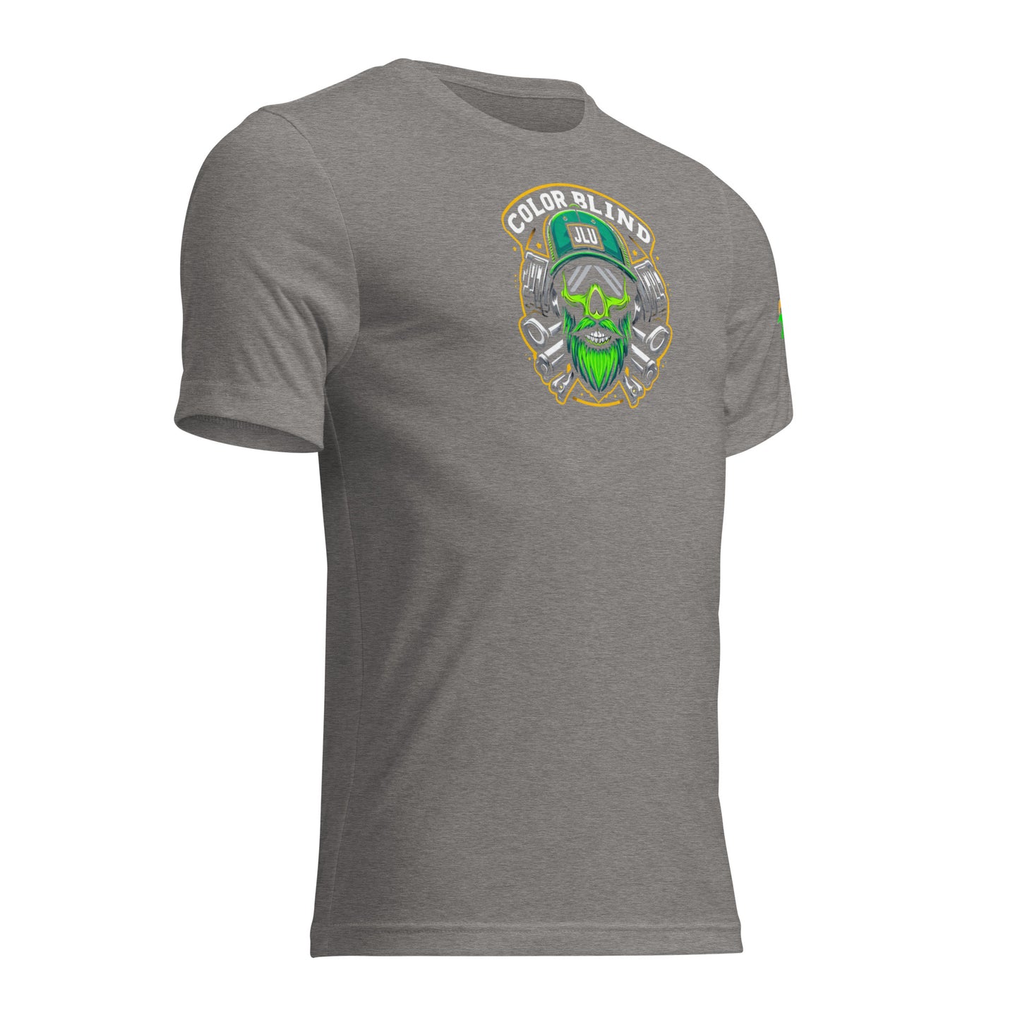 a grey t - shirt with a green alien head on it