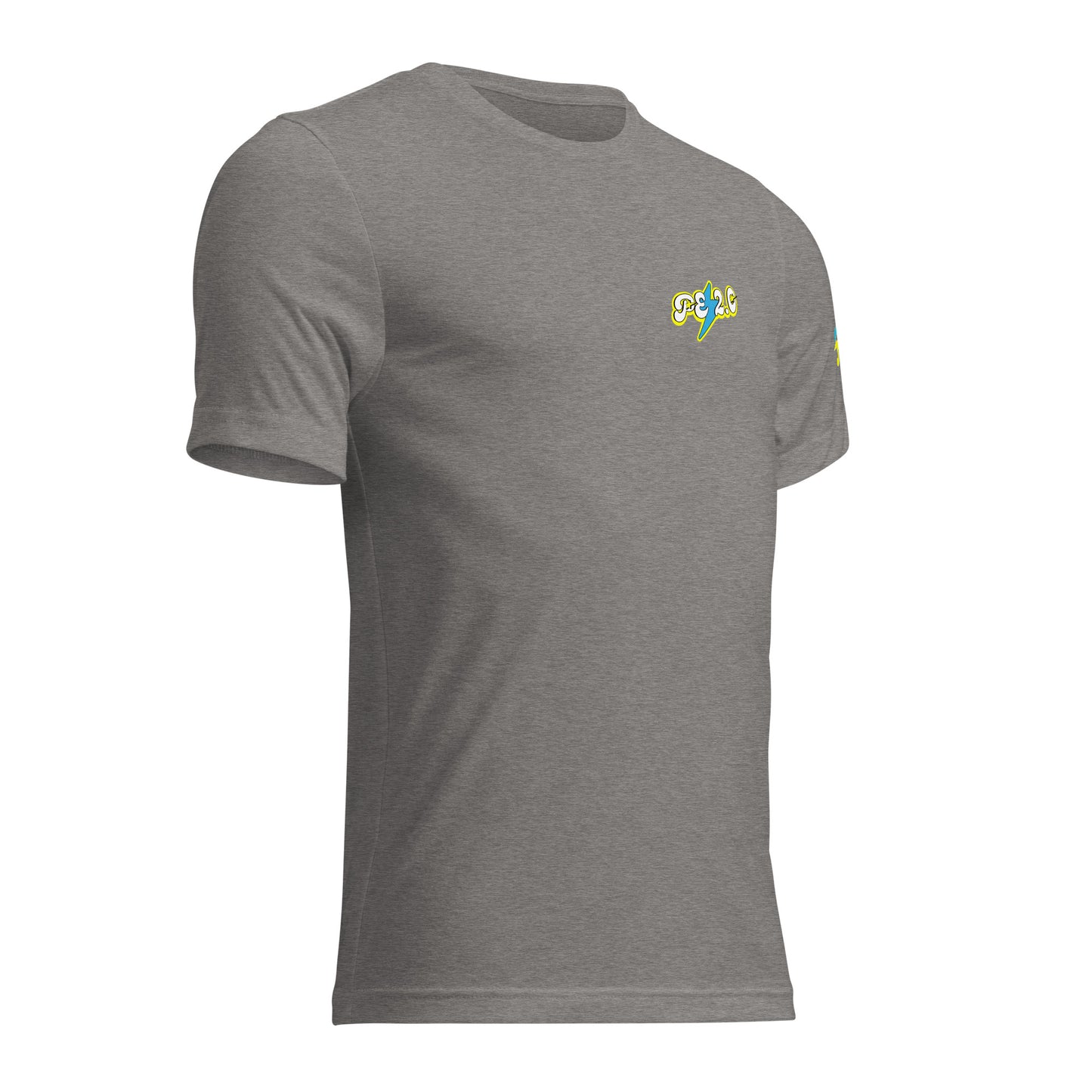 a grey t - shirt with a green and yellow logo