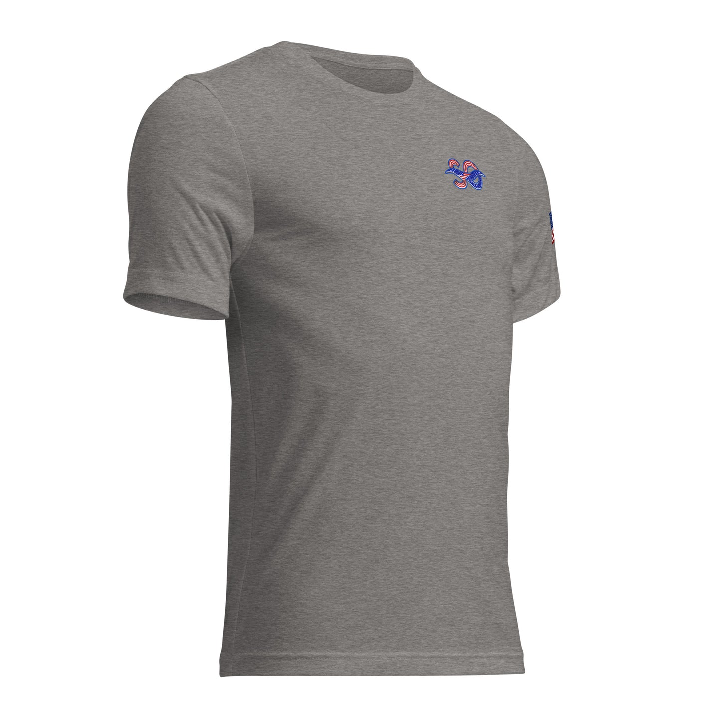 a grey t - shirt with a blue and red logo on the chest