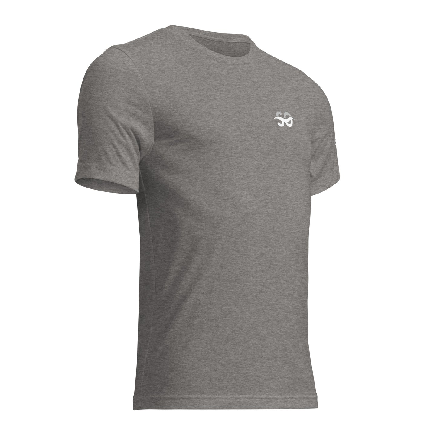 a grey shirt with a white logo on the chest