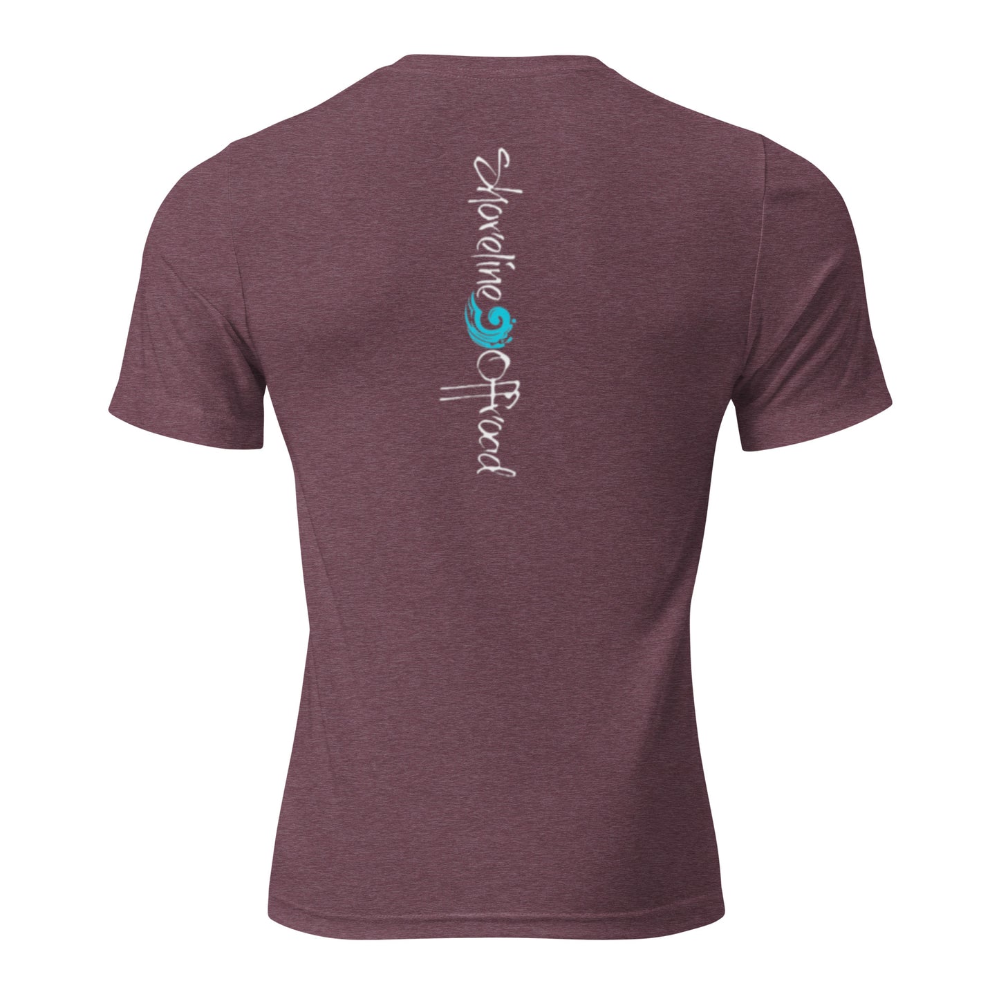 the back of a maroon shirt with a blue and green logo on it