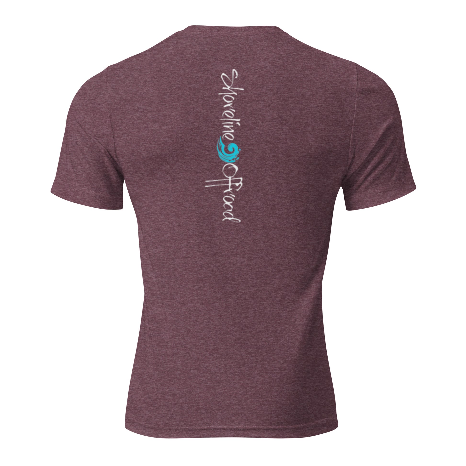 the back of a maroon shirt with a blue and green logo on it