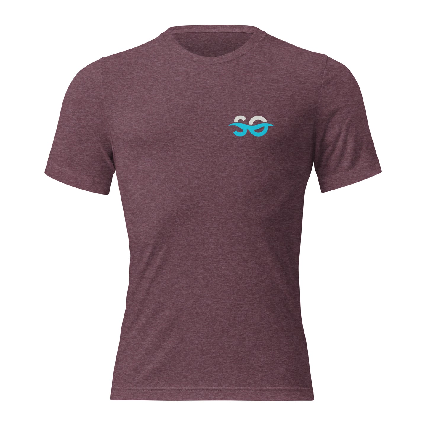 a purple t - shirt with a blue logo on the chest