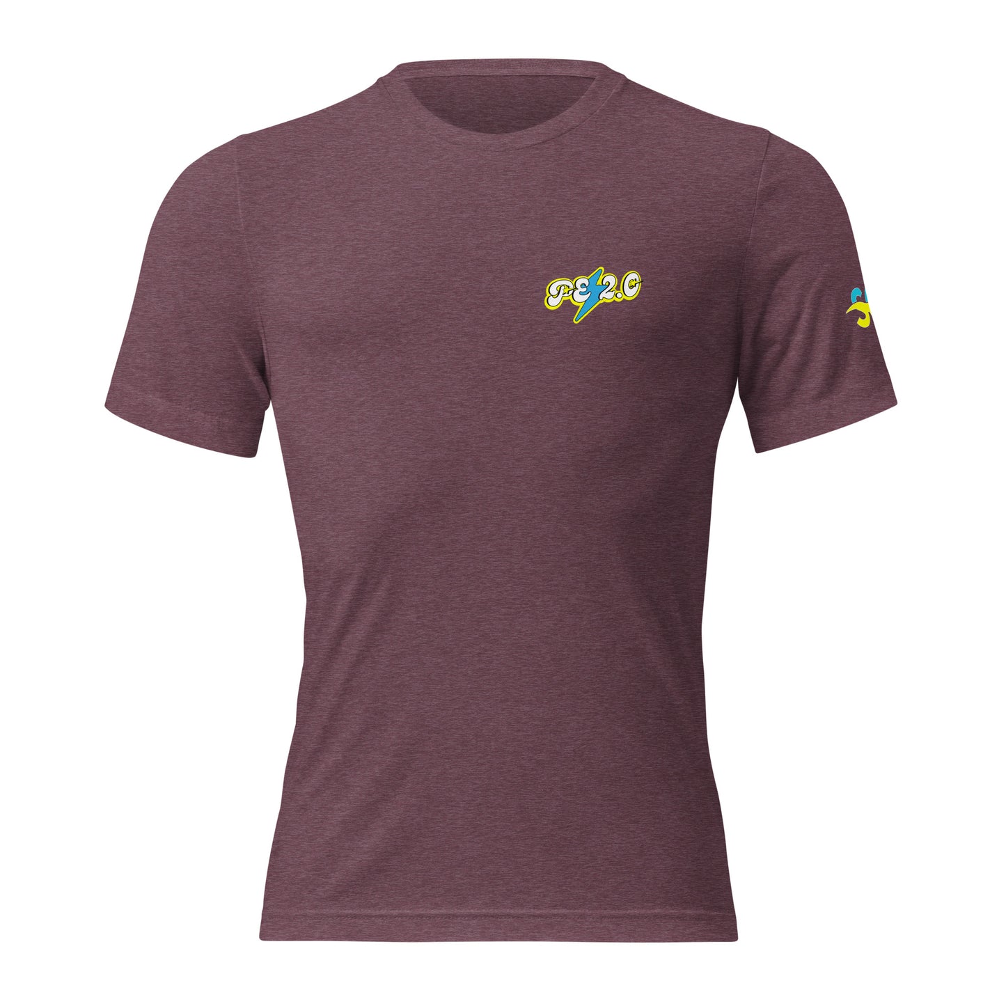 a purple t - shirt with a colorful logo on the chest