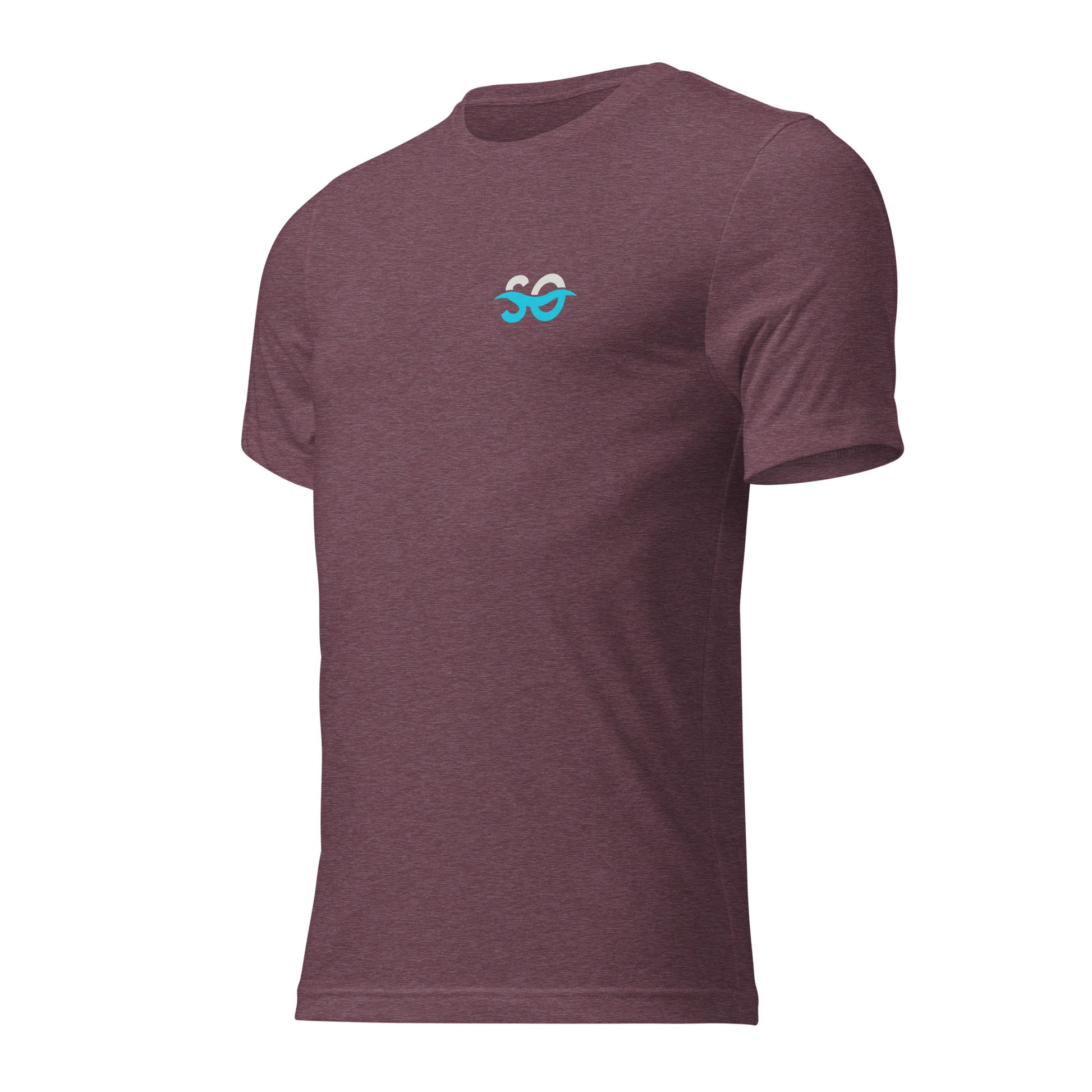 a purple shirt with a blue logo on the chest