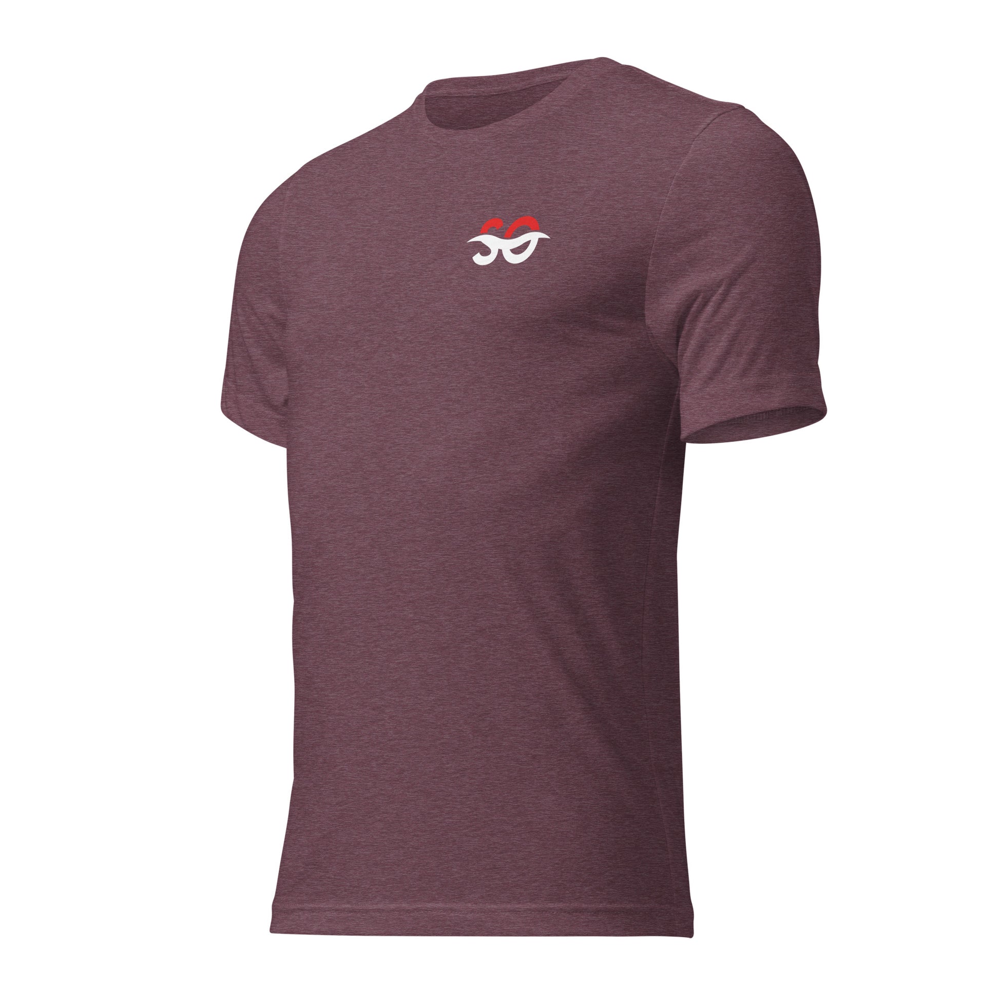 a maroon t - shirt with a red and white logo