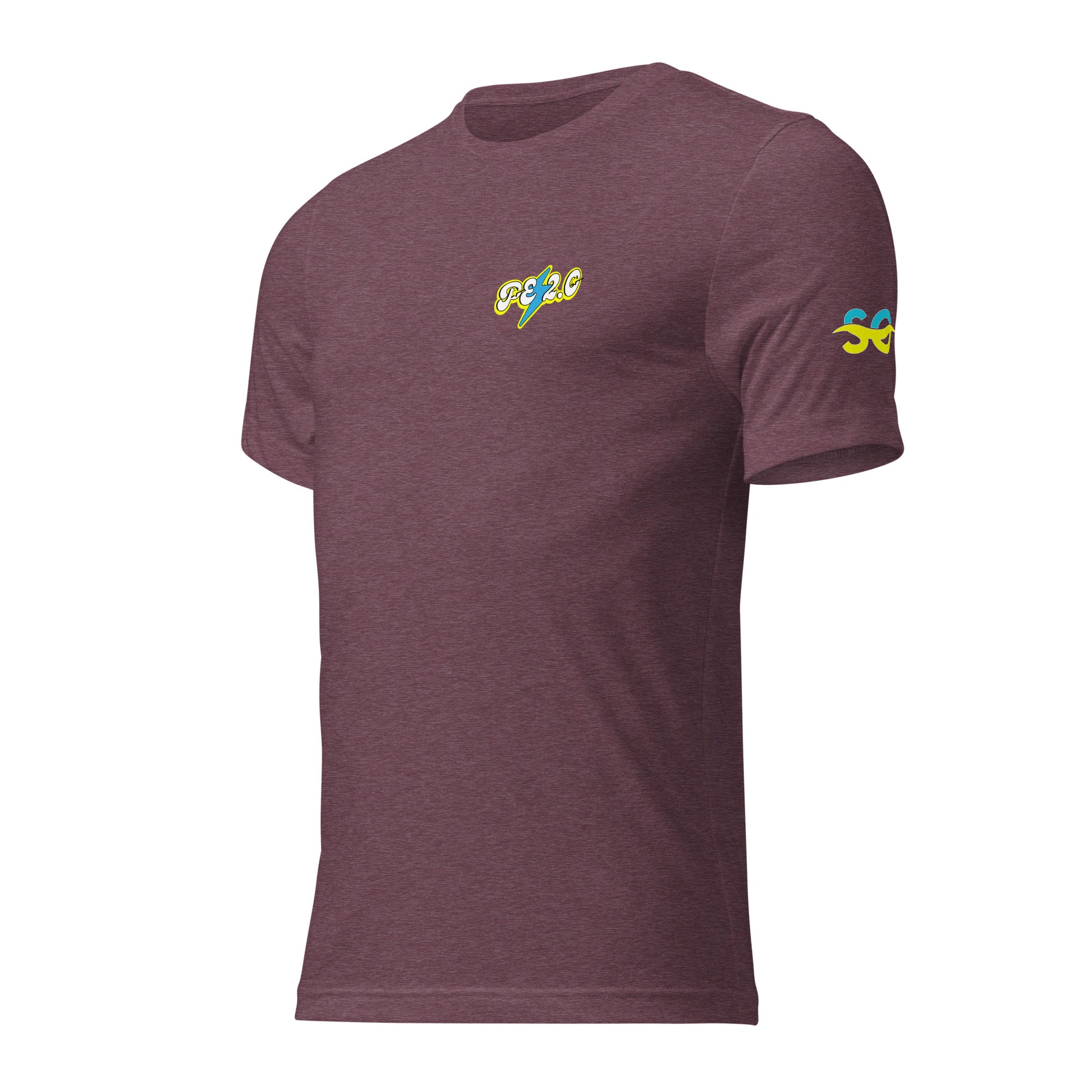 a purple t - shirt with a colorful logo on the chest