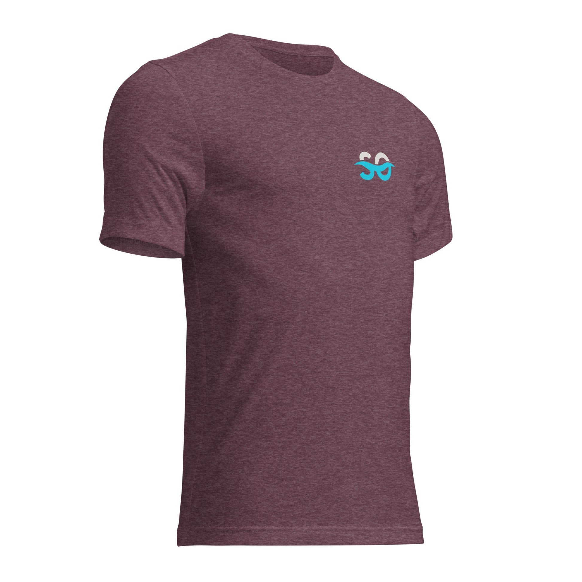 a purple t - shirt with a blue logo on the chest