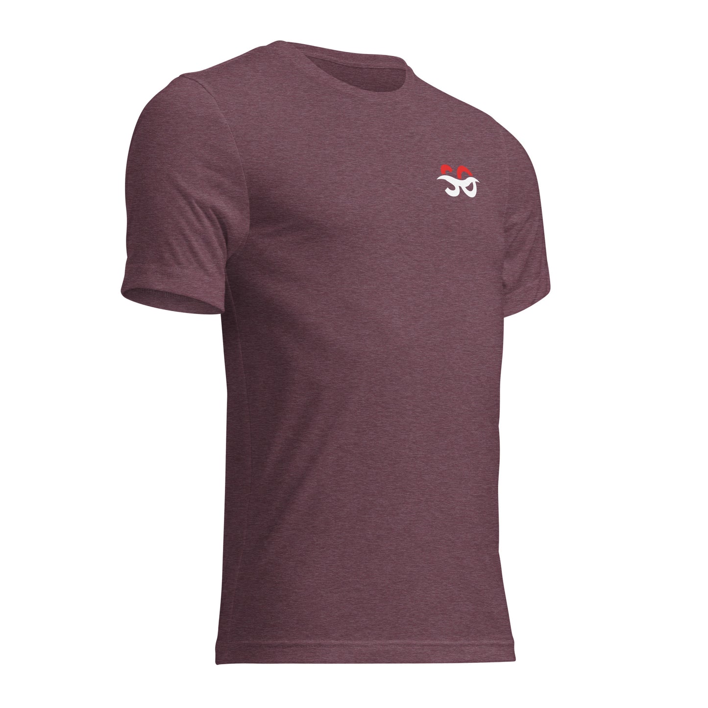 a maroon t - shirt with a white and red logo