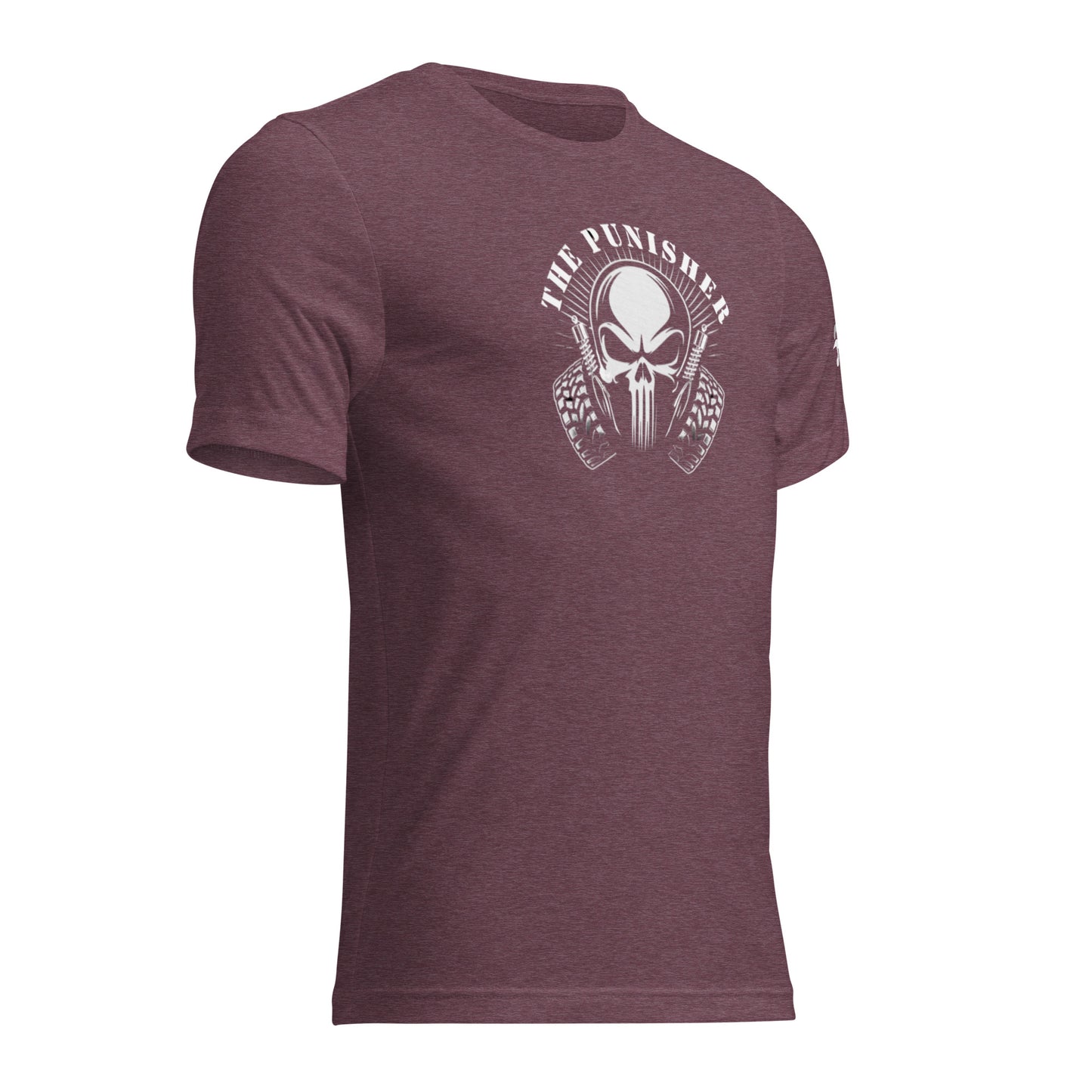 a maroon shirt with a skull on the front