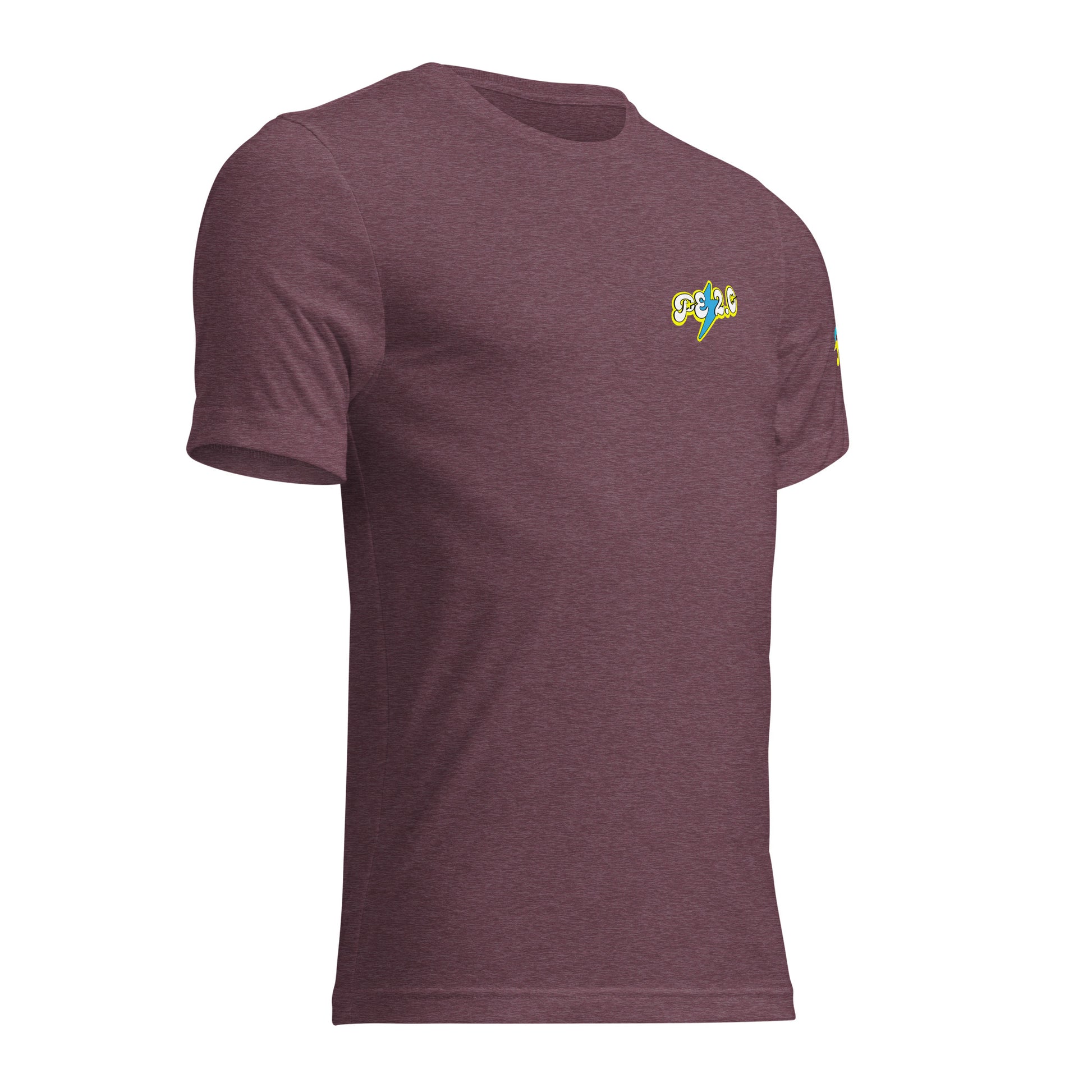 a purple t - shirt with a colorful logo on the chest