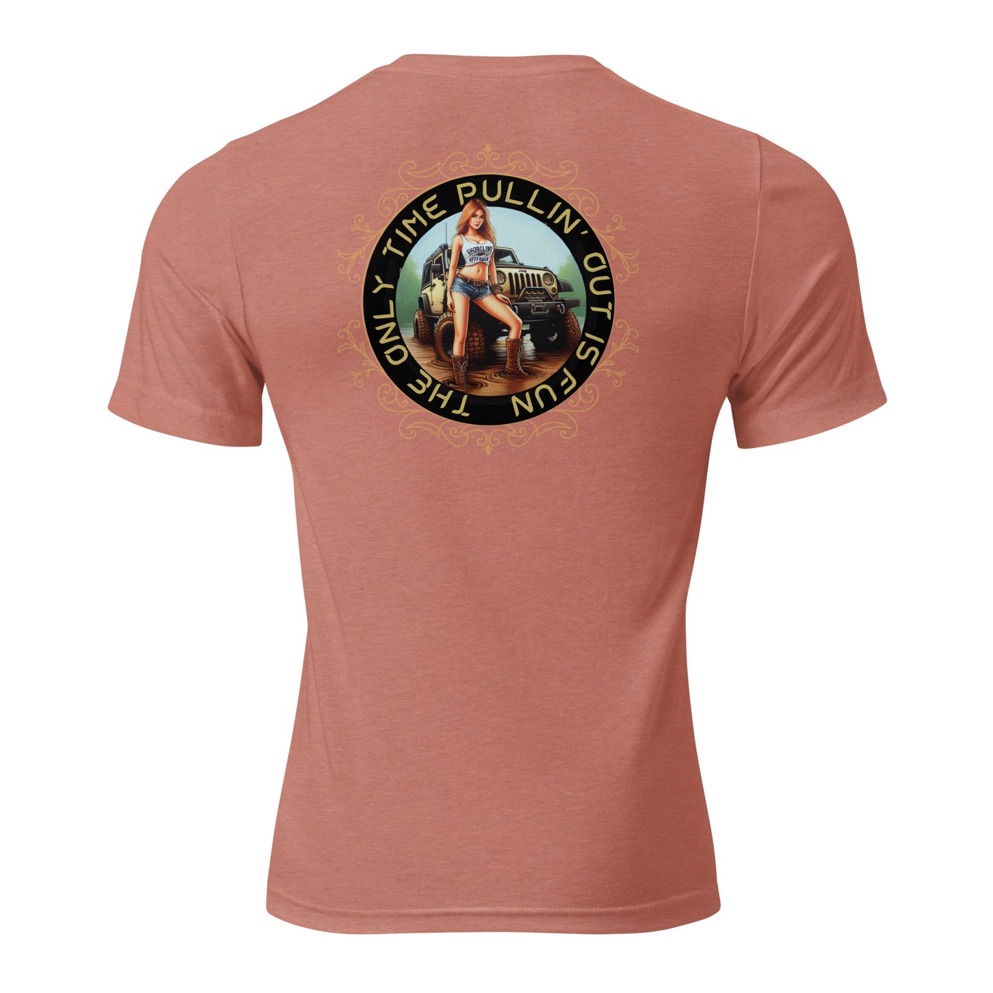 a pink t - shirt with a picture of a woman sitting on top of a