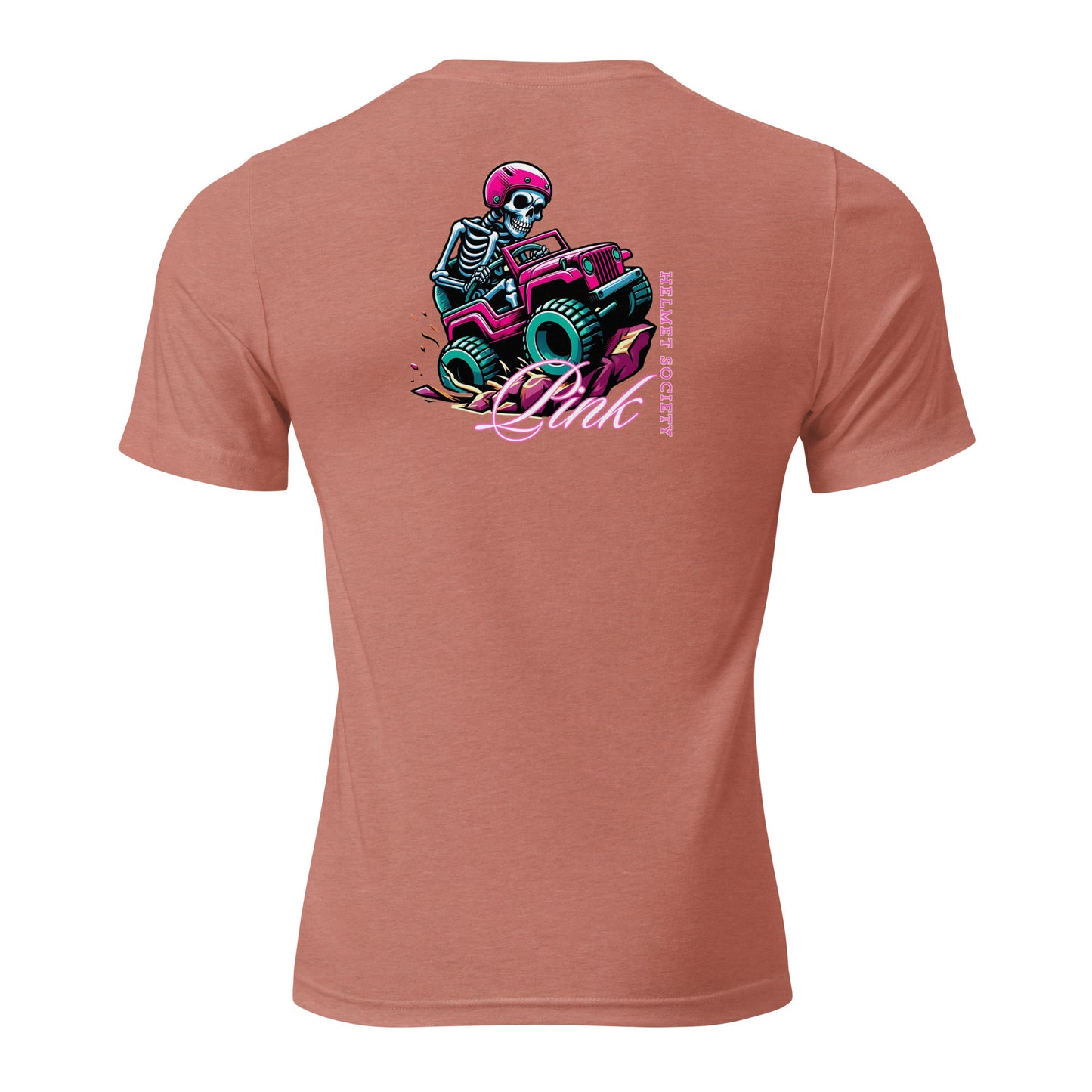 a pink shirt with a skeleton riding a motorcycle