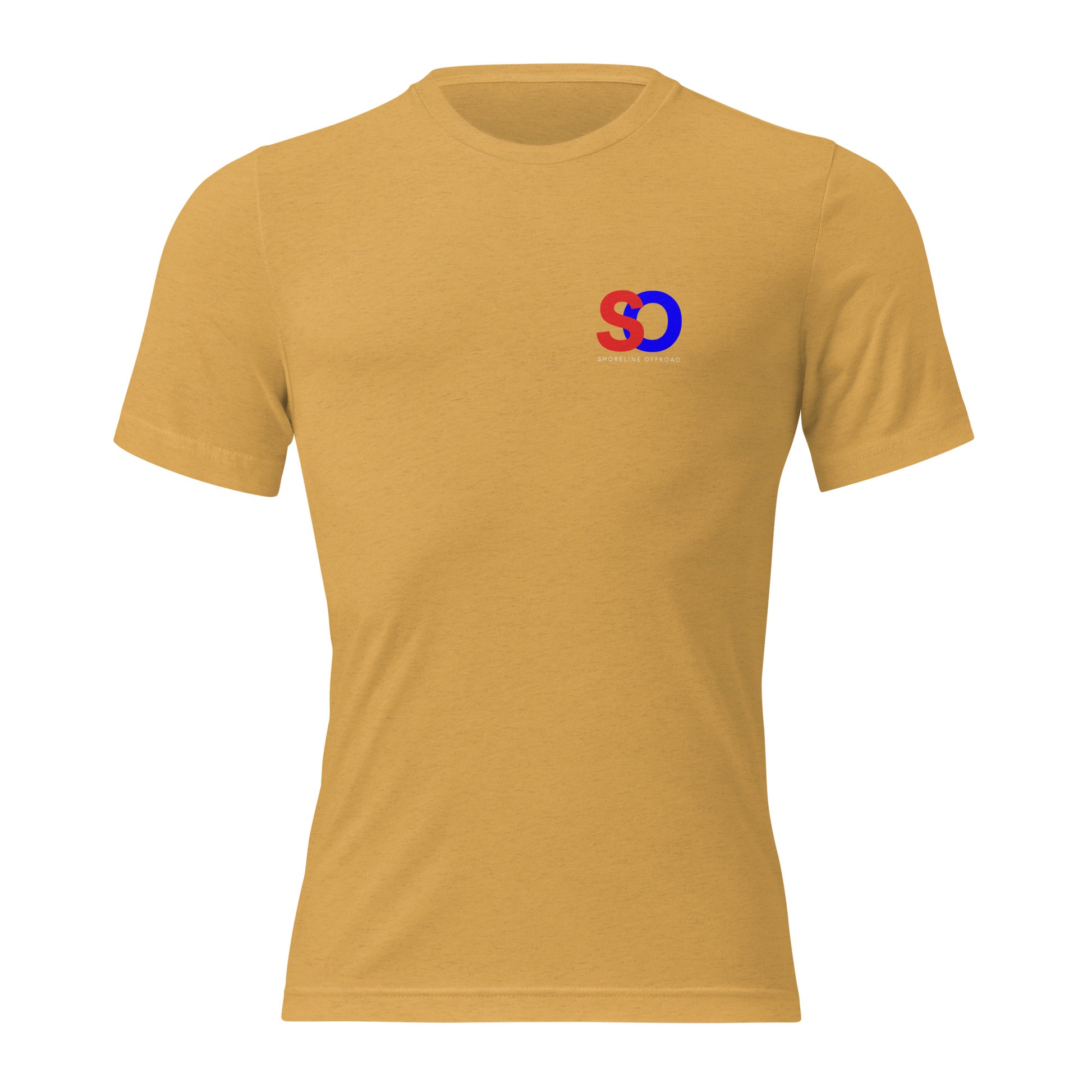 a yellow t - shirt with a red and blue logo