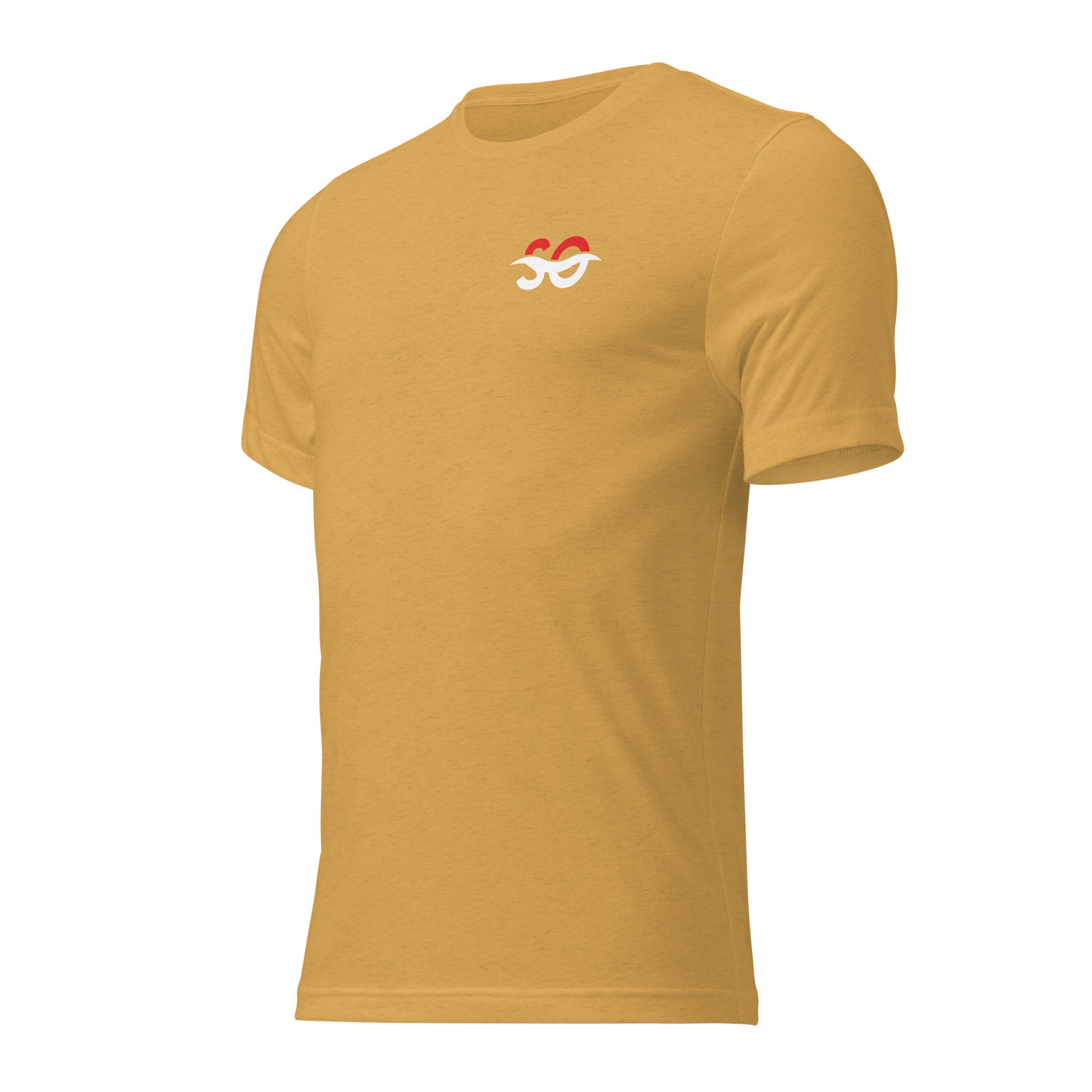 a yellow t - shirt with a red and white om symbol on the chest