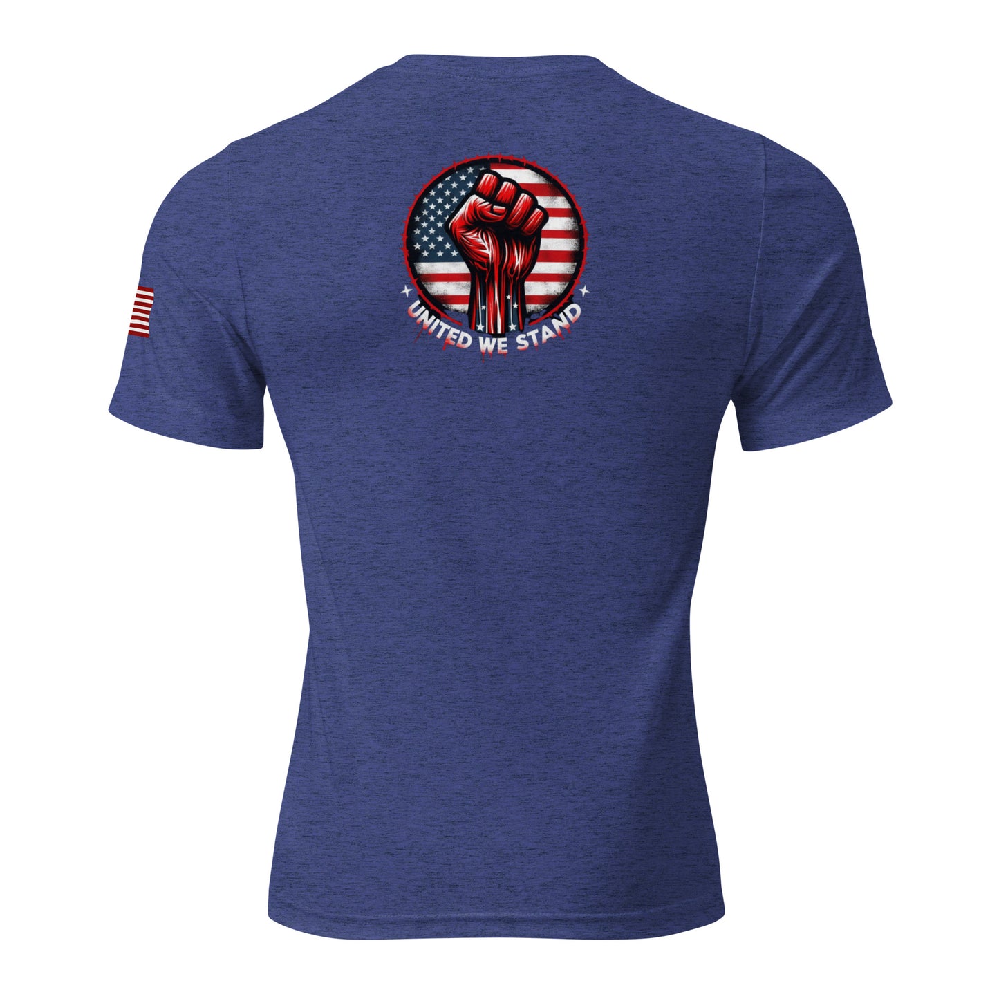 a blue t - shirt with the american flag and a fist on it