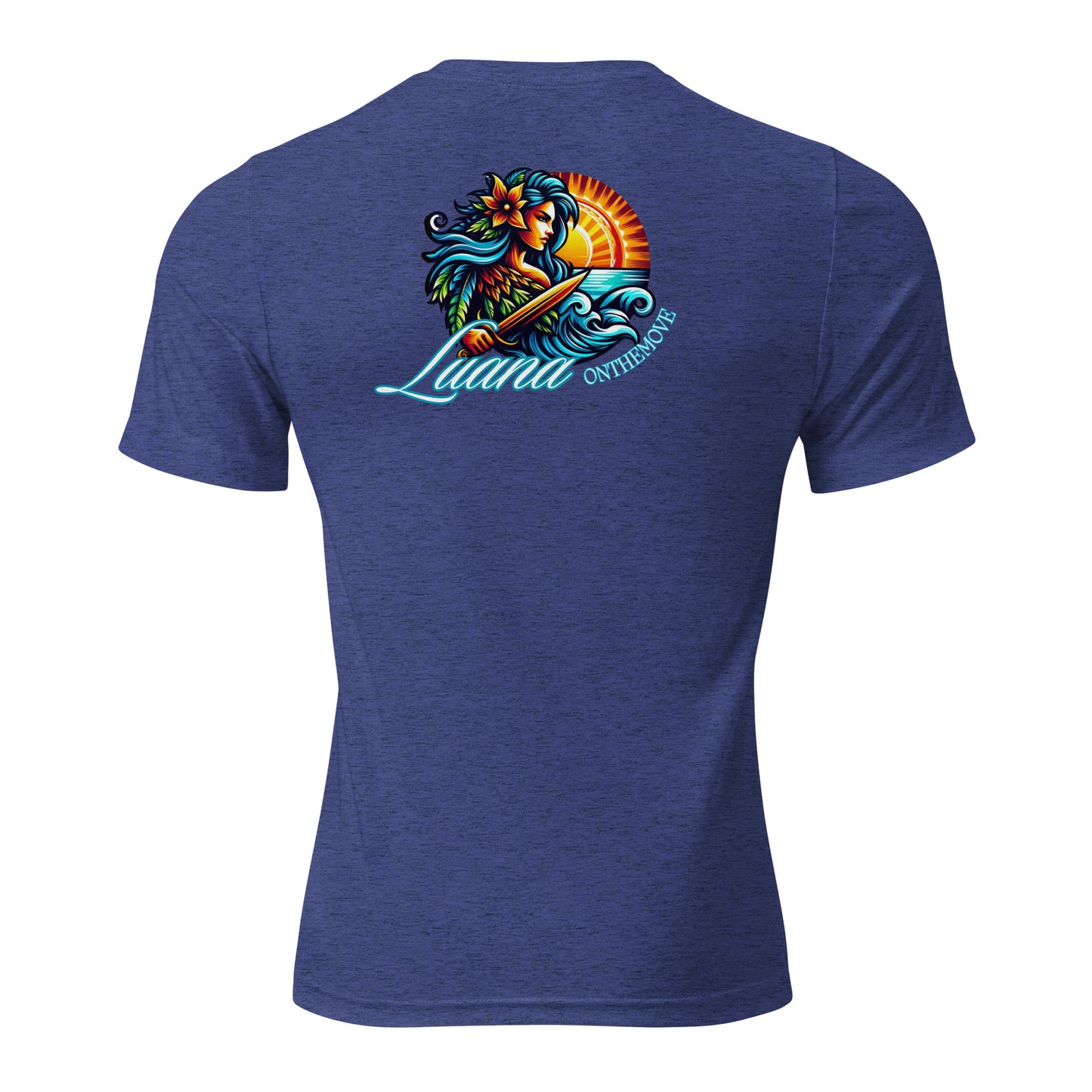 a blue shirt with a picture of a mermaid holding a surfboard