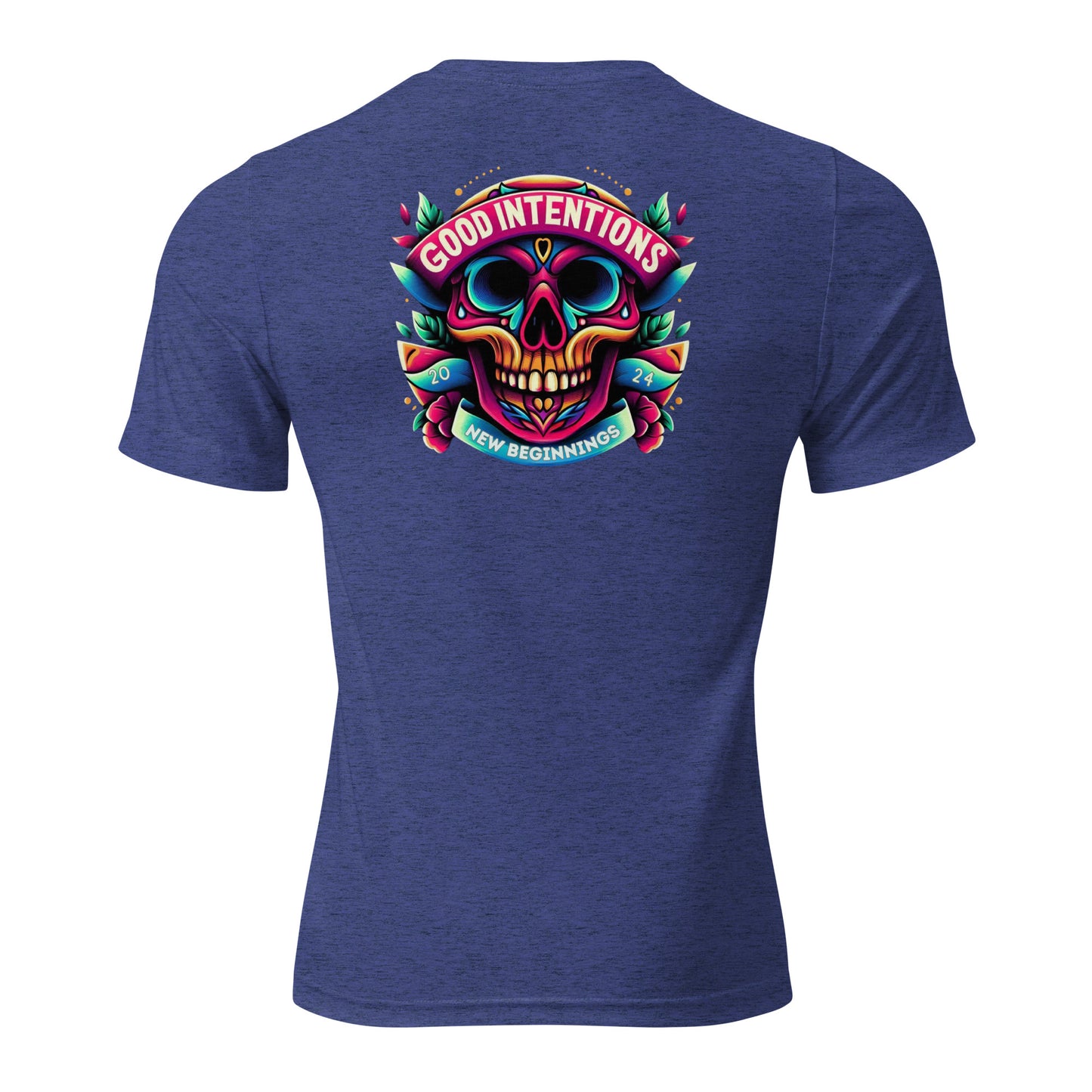 a blue t - shirt with a colorful skull on it