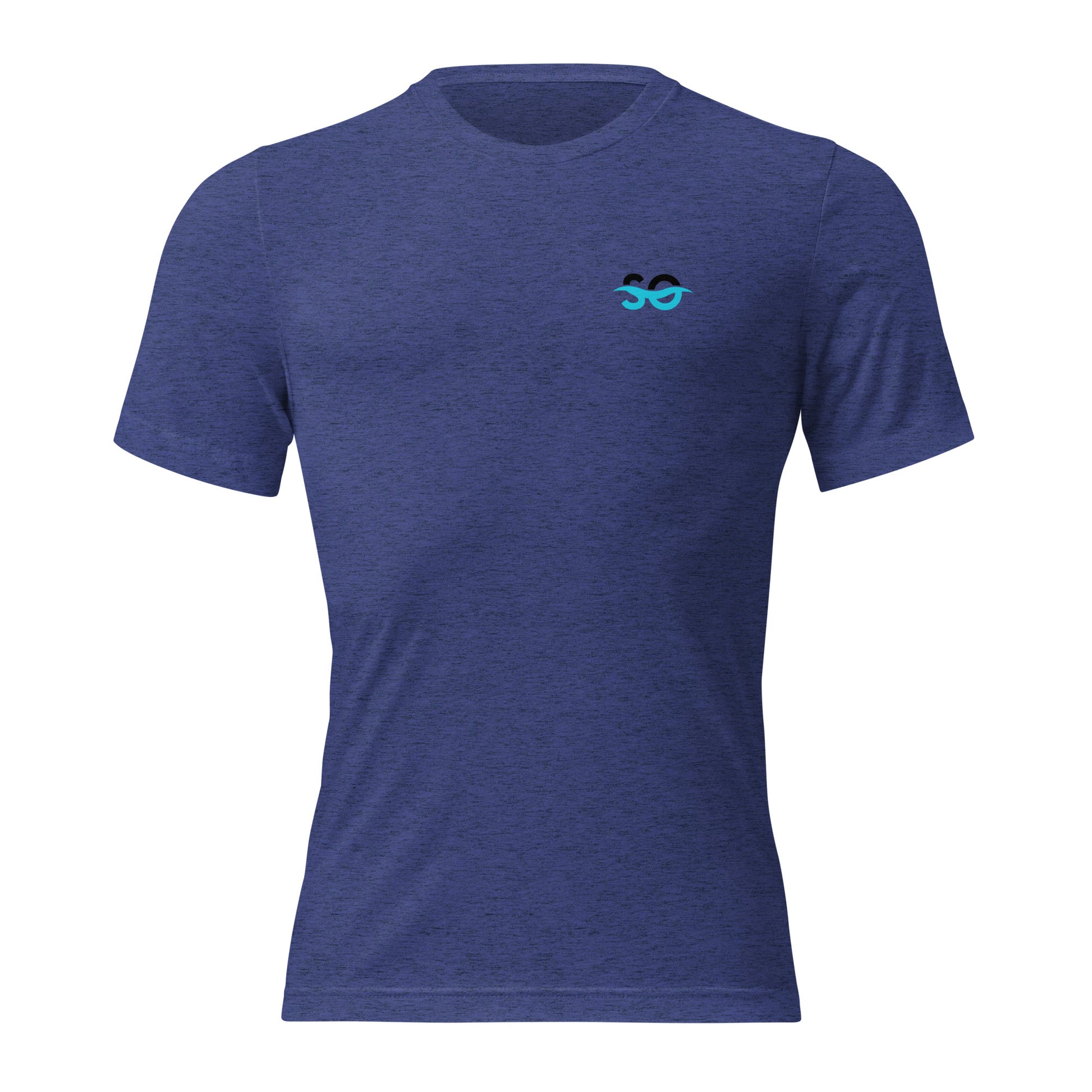 a blue t - shirt with a blue logo on the chest