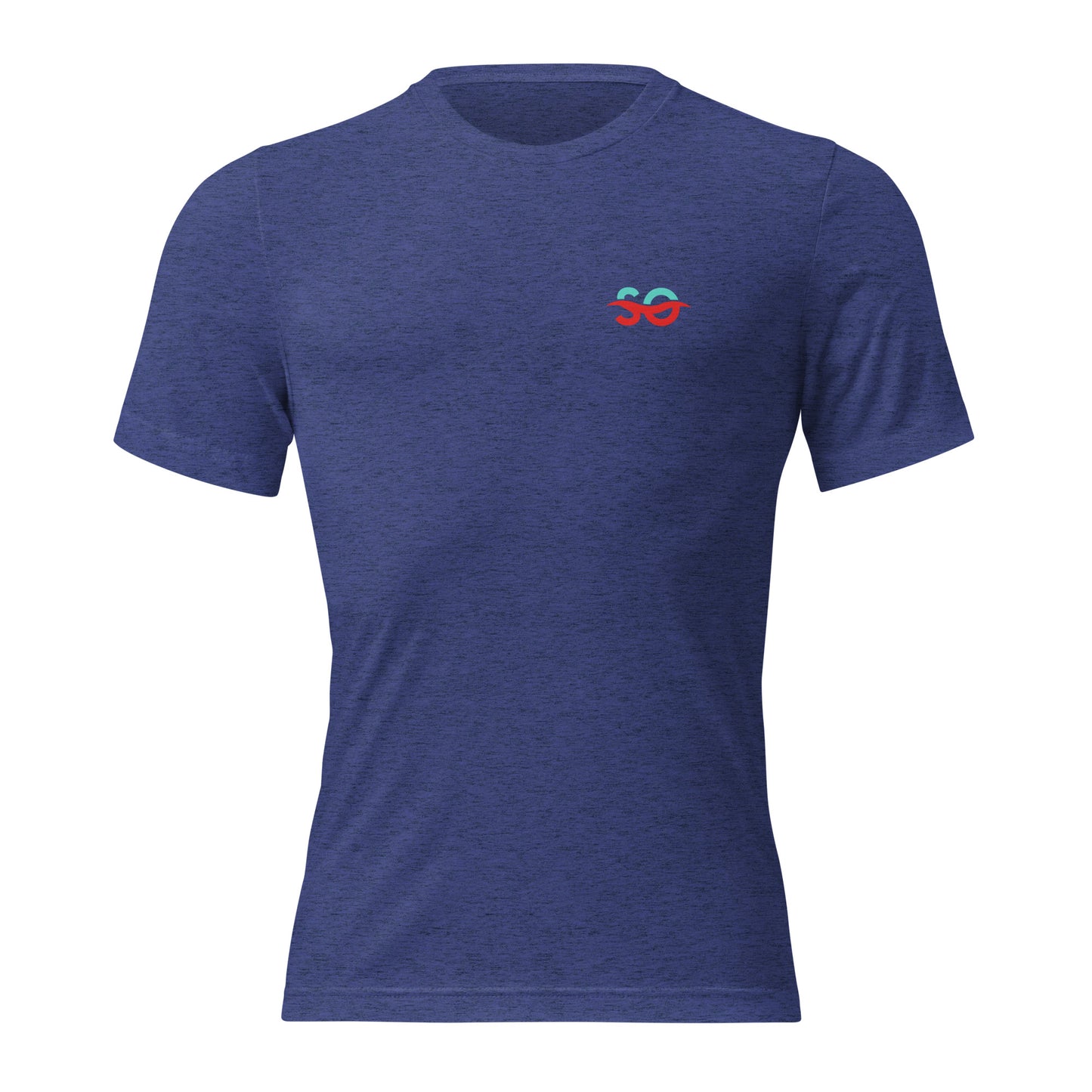 a blue t - shirt with a red heart on the chest